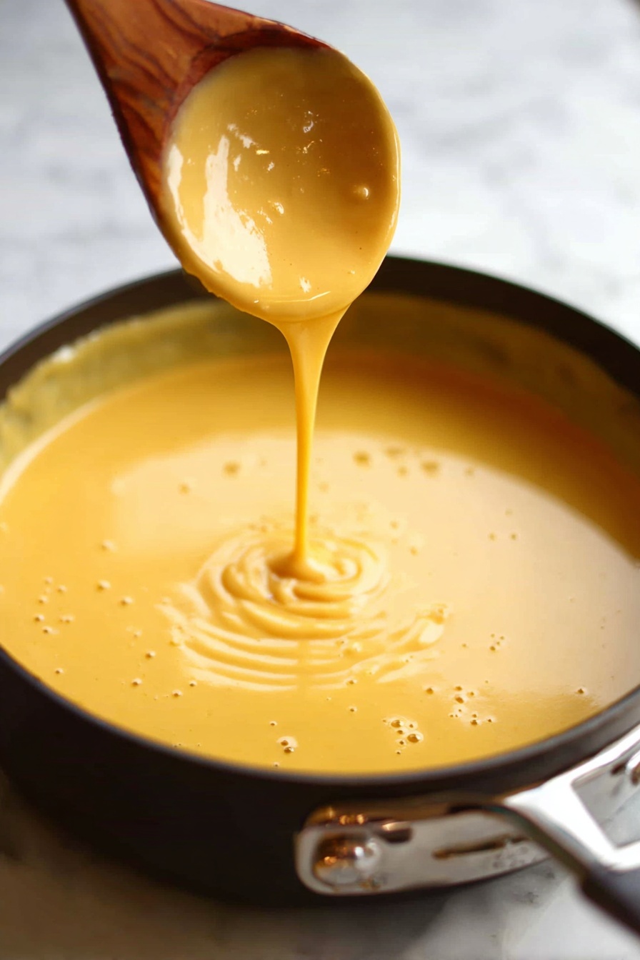 Vegan Beer Cheese, vegan cheese dip, dairy-free beer cheese, plant-based cheese sauce, vegan beer cheese dip - A smooth, thick, golden yellow sauce is being poured from a wooden spoon above into a pot filled with the same creamy sauce. The sauce has a shiny, velvety texture with small bubbles on the surface, creating soft ripples where the liquid falls. The pot is dark with a metallic handle, resting on a white marbled surface. The background stays softly blurred to keep the focus on the rich sauce photo taken with an iphone --ar 2:3 --v 7
