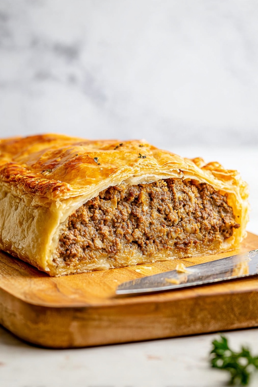 Vegan Wellington, vegan dinner ideas, plant-based holiday main dish, vegan puff pastry entrée, hearty vegan mains - The image shows a thick slice of meat pie placed on a wooden board with a knife next to it. The pie has two main layers: a golden-brown, flaky pastry crust on the top and bottom, and a dense inside of finely ground meat that fills the whole middle. The crust looks crispy and slightly shiny, while the meat inside is a uniform brown color with small bits visible, showing a textured and packed filling. The background and surface have a white marbled texture, giving the scene a clean and bright appearance. Photo taken with an iphone --ar 2:3 --v 7