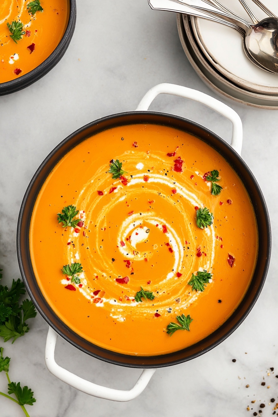 Roasted Red Pepper Gouda Soup, roasted red pepper soup, Gouda cheese soup, smoky red pepper soup, creamy vegetable soup - The image shows a bowl of creamy orange soup served in a black bowl with white handles, placed on a white marbled surface. The soup has a smooth texture with a swirl of white cream on top, and small pieces of red pepper scattered throughout. Green parsley leaves are sprinkled over the soup, adding a fresh look. There are also tiny black pepper specks spread on the surface. To the top right, there is a stack of white bowls with two silver spoons resting on top. Photo taken with an iphone --ar 2:3 --v 7
