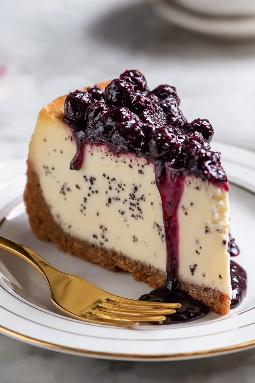 Mulberry & Earl Grey Cheesecake, Earl Grey tea cheesecake, Mulberry fruit dessert, Elegant fruit cheesecake, Unique cheesecake recipes - A slice of cheesecake is placed on a white plate with thin black lines around the edge, set on a white marbled surface. The cheesecake has three clear layers: a thick golden-brown crumb crust at the bottom, a creamy white middle layer with small bits mixed in, and a shiny dark purple topping that drips down the sides. A small pool of the purple topping is on the plate near the slice. Part of a purple cloth and a white cup with a saucer are softly blurred in the background. Photo taken with an iphone --ar 2:3 --v 7