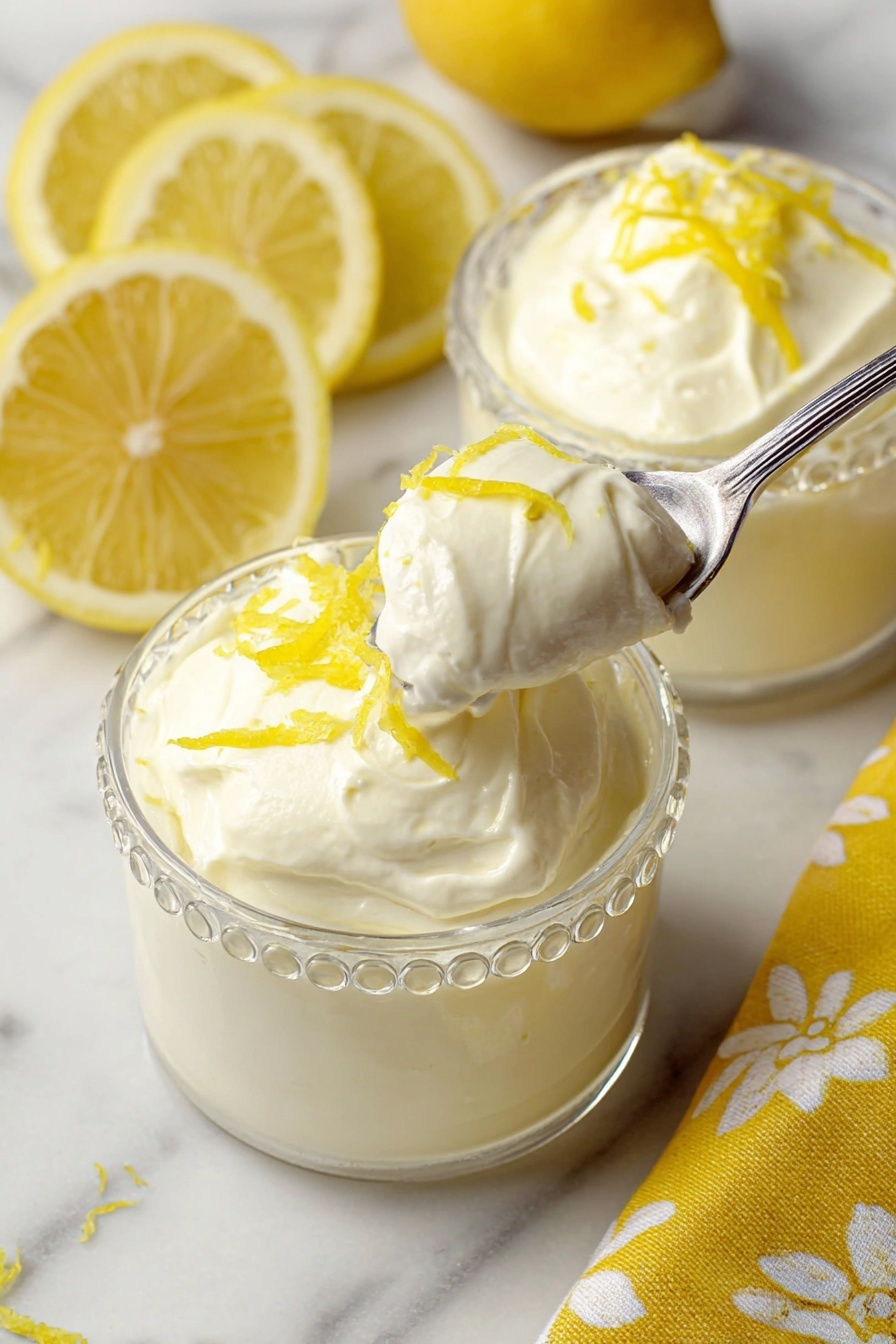 Lemon Mousse, lemon mousse recipe, citrus dessert, quick lemon mousse, easy lemon mousse - The image shows two clear glass cups filled with a smooth, creamy white dessert topped with thin strips of yellow lemon zest. One cup is in the front, and a silver spoon is lifting some of the dessert from it, showing a thick, fluffy texture with lemon zest on top. The cups have a round bead-like design around the rim. The background features a folded yellow cloth with white floral patterns and slices of fresh lemon on a white marbled surface. Photo taken with an iphone --ar 2:3 --v 7
