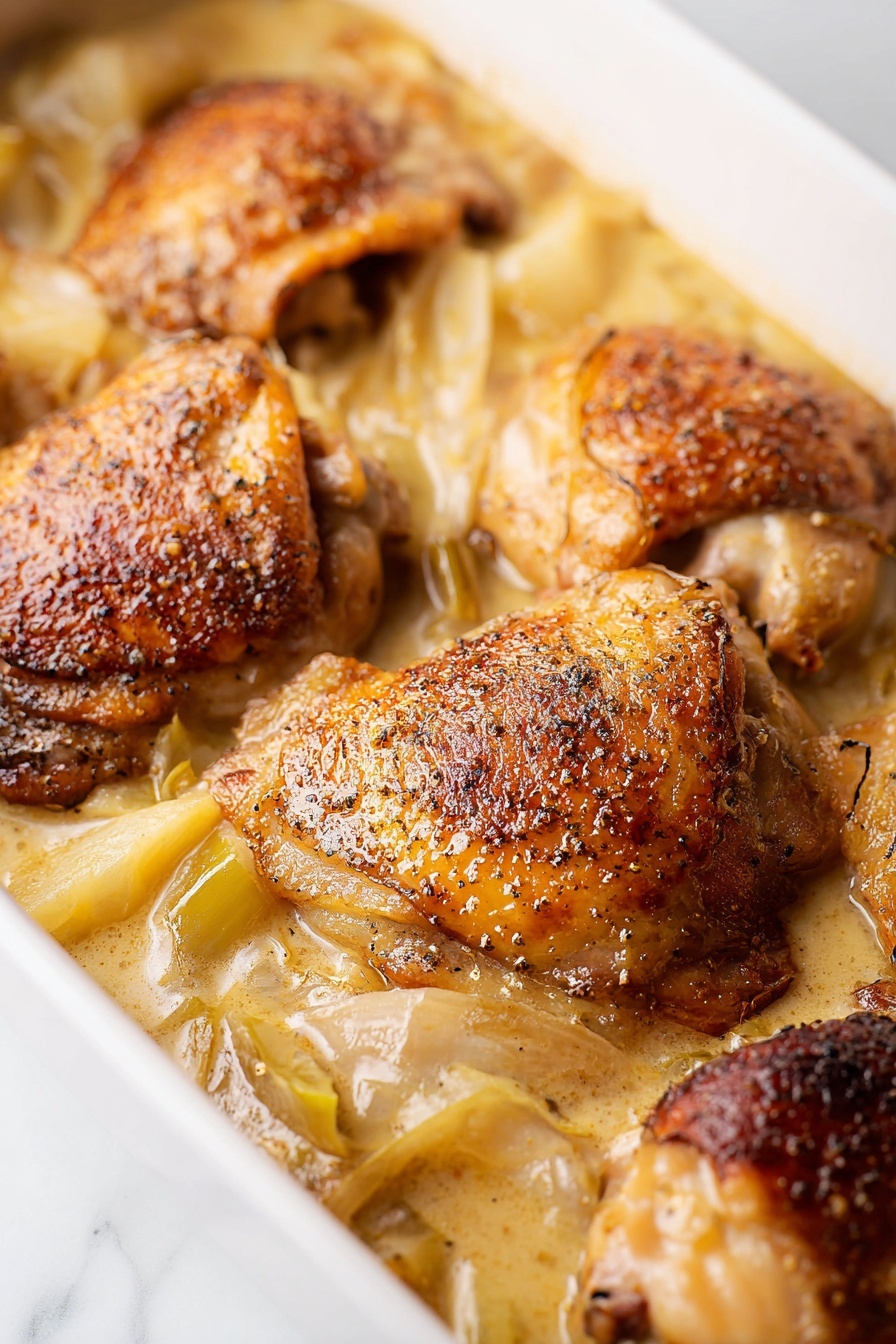 French Chicken Normandy, Chicken Normandy casserole, French comfort food, French chicken recipes, fall chicken dishes - The image shows a white rectangular dish filled with several pieces of cooked chicken thighs with crispy, browned skin on top. The chicken thighs are partially covered in a light creamy sauce that has pieces of cooked onions and leeks mixed in. The sauce has a smooth and slightly shiny texture, pooling around and between the chicken pieces. The dish sits on a white marbled surface giving a clean and bright look. The close-up view highlights the golden and slightly charred texture of the chicken skin with seasoning visible. Photo taken with an iphone --ar 2:3 --v 7