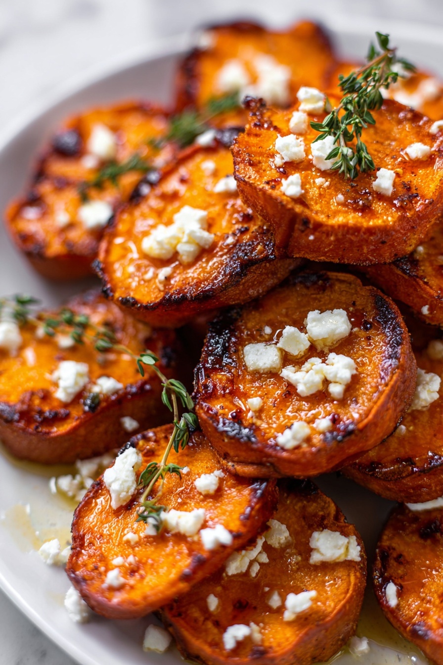 Sweet Potato Rounds with Honey and Feta, savory sweet potato appetizer, roasted sweet potato bites, honey feta roasted sweet potatoes, easy sweet potato side dish - The image shows a close-up of thick round slices of roasted sweet potatoes, stacked in a pile on a white plate over a white marbled surface. Each sweet potato slice has a crispy, browned edge with a vibrant orange interior that looks tender and juicy. The slices are topped with small crumbles of white cheese scattered unevenly across them, adding a soft texture contrast. A few sprigs of fresh green thyme sit on top of the slices, adding a touch of color and freshness. There is also a light drizzle of a glossy, golden syrup over the slices, giving them a moist and shiny look. Photo taken with an iphone --ar 2:3 --v 7