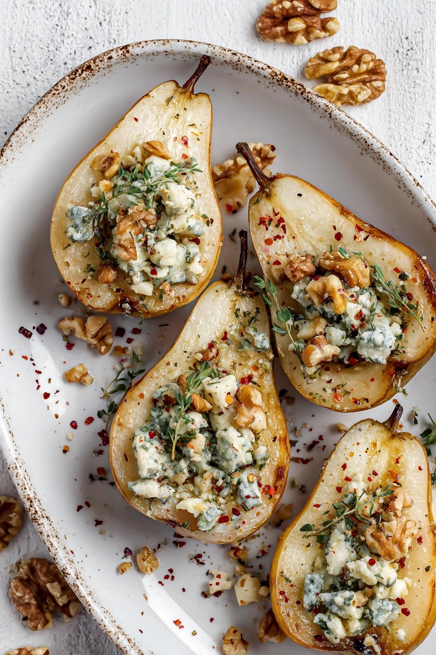 Blue Cheese Stuffed Pears, stuffed pears appetizer, elegant pear appetizer, blue cheese and pear recipes, easy party appetizers - The image shows four halved baked pears on a white plate with brown speckles. Each pear half is topped with crumbled blue cheese, chopped walnuts, and small green herbs, likely thyme. Red pepper flakes and black pepper are sprinkled on both the pears and the plate, adding specks of red and black. The pears have a light golden-brown edge where they were baked, and their soft texture is visible. The plate is placed on a white marbled surface, with some walnut pieces scattered nearby. Photo taken with an iphone --ar 2:3 --v 7