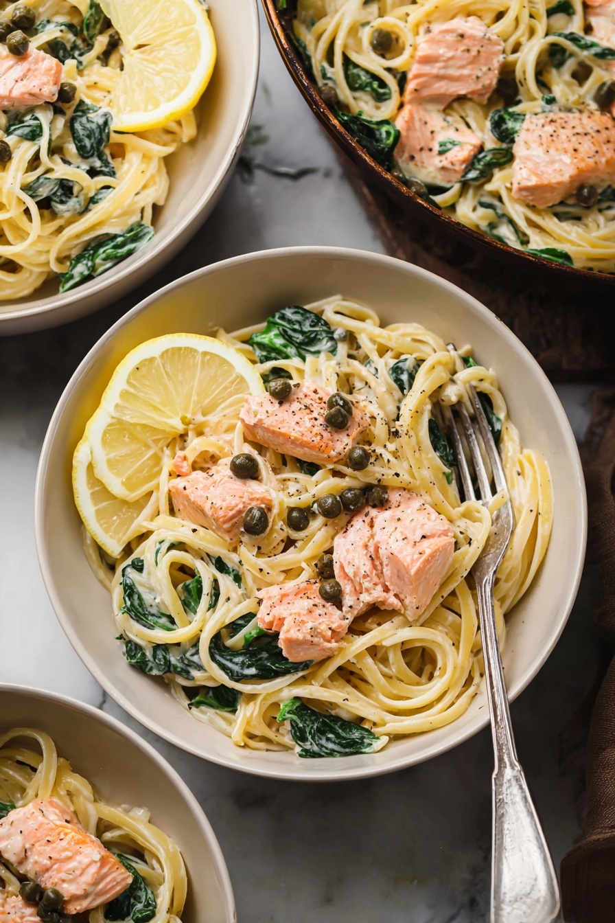 Creamy Salmon Pasta, creamy salmon pasta recipe, easy salmon pasta, salmon pasta with lemon and capers, luxurious seafood pasta - A white bowl holds a creamy pasta dish with three layers visible: at the bottom, long, pale yellow noodles form a tangled base; the middle layer has dark green spinach leaves mixed through the noodles; the top layer shows several pink cooked salmon chunks sprinkled with black pepper and small dark capers, accompanied by two thin lemon slices on the edge. A silver fork rests inside the bowl. This bowl is set on a white marbled surface, with parts of two other bowls with the same dish seen in the background. Photo taken with an iphone --ar 2:3 --v 7