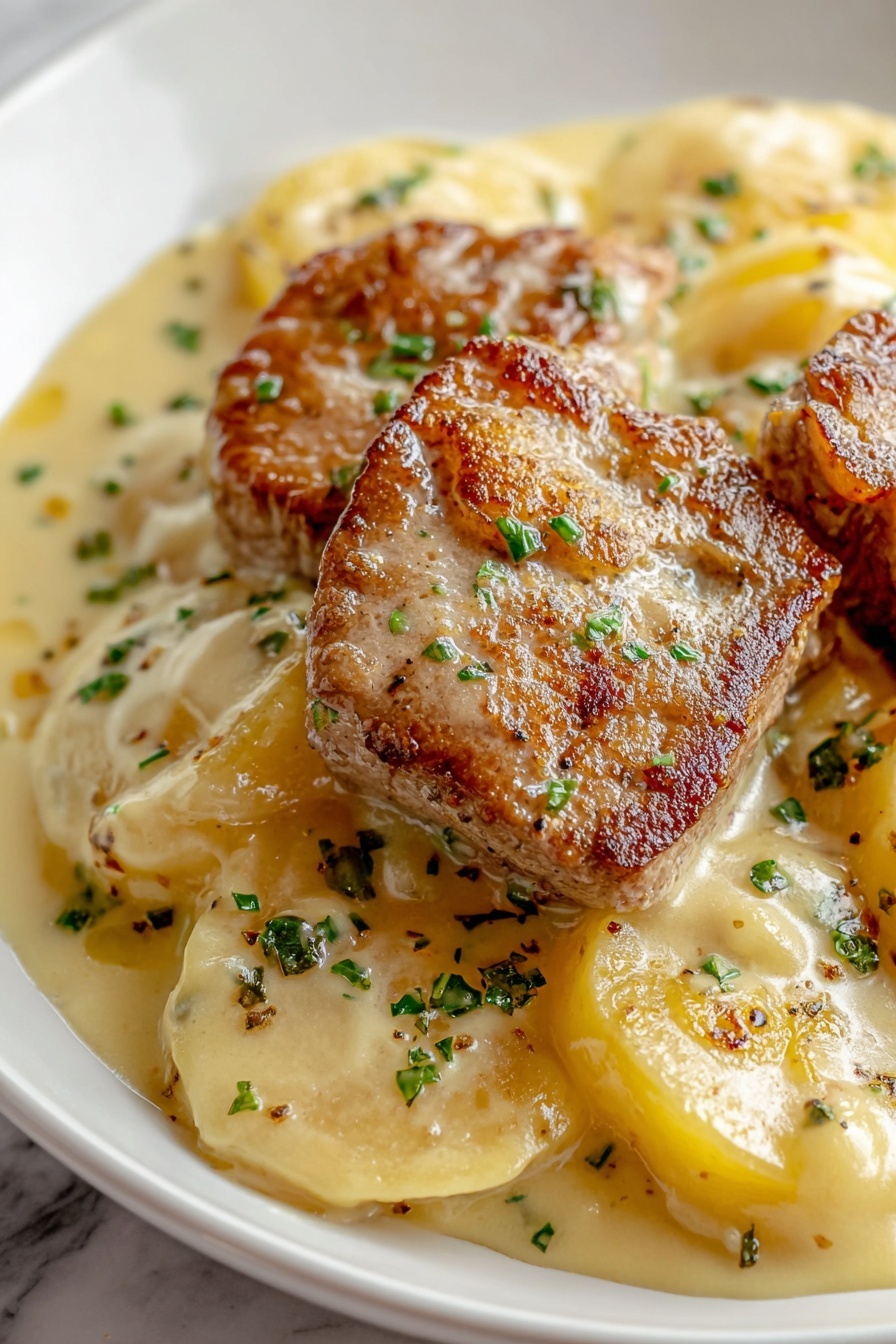 Smothered Pork Chop and Scalloped Potato Casserole, pork chop and scalloped potato casserole, hearty pork and potato bake, comforting pork dinner, baked pork chop recipe - The dish shows two pieces of brown, seared pork placed on top of a creamy, light yellow sauce that covers thin, round slices of potatoes. The sauce looks rich and smooth, spreading across the white plate with a slight shine. The pork and potatoes are sprinkled with small green herb pieces, adding a fresh touch. The pork has a slightly crispy and browned surface with visible seasoning. The white plate sits on a white marbled surface. photo taken with an iphone --ar 2:3 --v 7