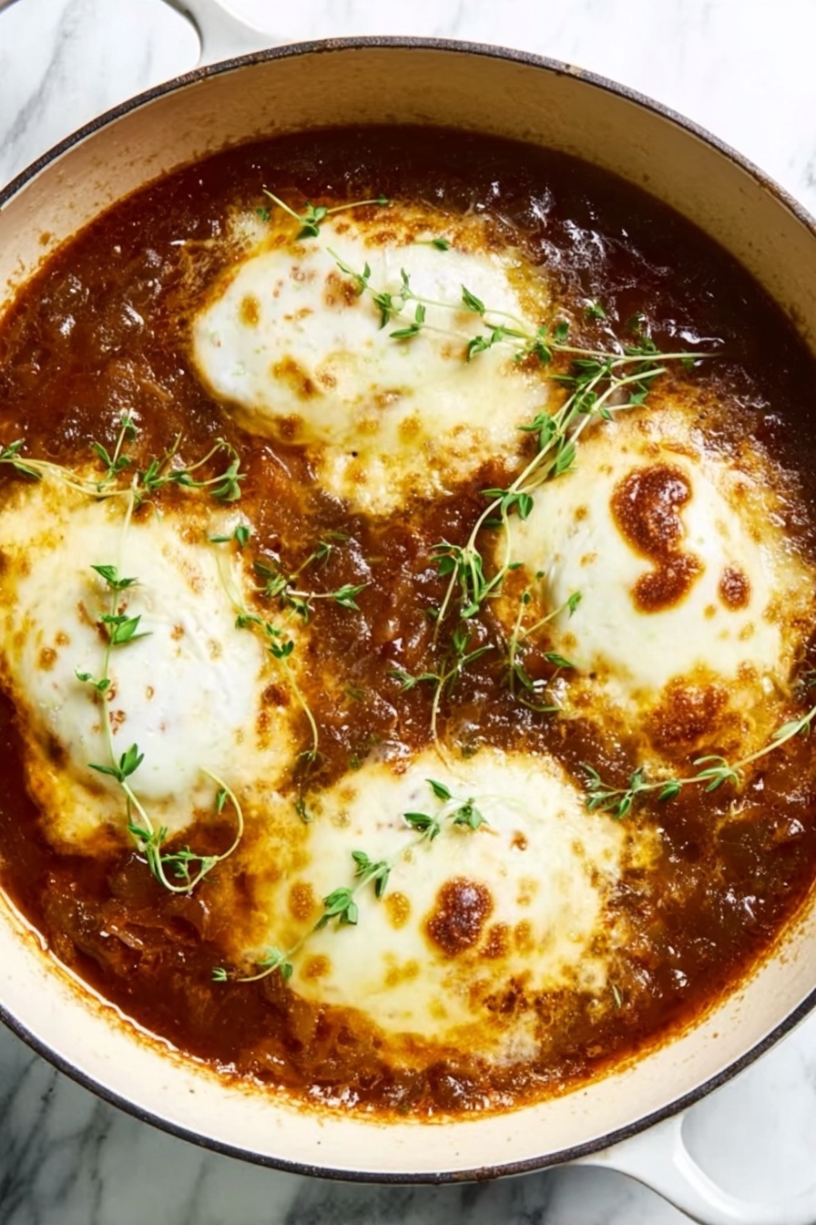 French Onion Chicken Bake, French Onion Soup Chicken, Baked Chicken with Caramelized Onions, Easy French Onion Chicken, Comforting Chicken Bake - A close-up view of a round, white enamel pan filled with a rich brown sauce topped with four large, uneven oval pieces of melted cheese that have light brown spots where they are toasted. Small green herb sprigs are scattered gently on the cheese and sauce, adding a fresh touch. The sauce has a thick texture with visible chunks, giving the dish a hearty look. The pan sits on a white marbled surface. Photo taken with an iphone --ar 2:3 --v 7