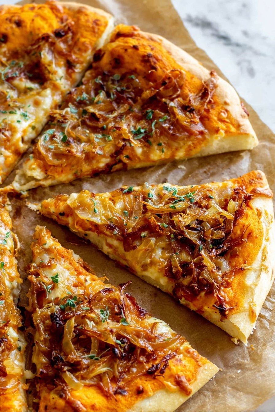 Pumpkin and Gouda Pizza, Pumpkin and Gouda Pizza, Fall Pumpkin Gouda Pizza, Cheeseburger Pumpkin Pizza, Seasonal Pumpkin Gouda Pizza - The image shows four slices of pizza on brown parchment paper over a white marbled surface. The pizza has a thick, light golden crust. The first layer is a bright orange sauce spread unevenly on the dough, topped by a layer of melted cheese with golden brown spots. On top of the cheese, there is a generous amount of caramelized onions that are light golden and slightly charred in places, scattered across the slices. Small green herb bits are sprinkled over the pizza, adding a fresh touch. The close-up shot highlights the textures and colors of the toppings clearly. Photo taken with an iphone --ar 2:3 --v 7