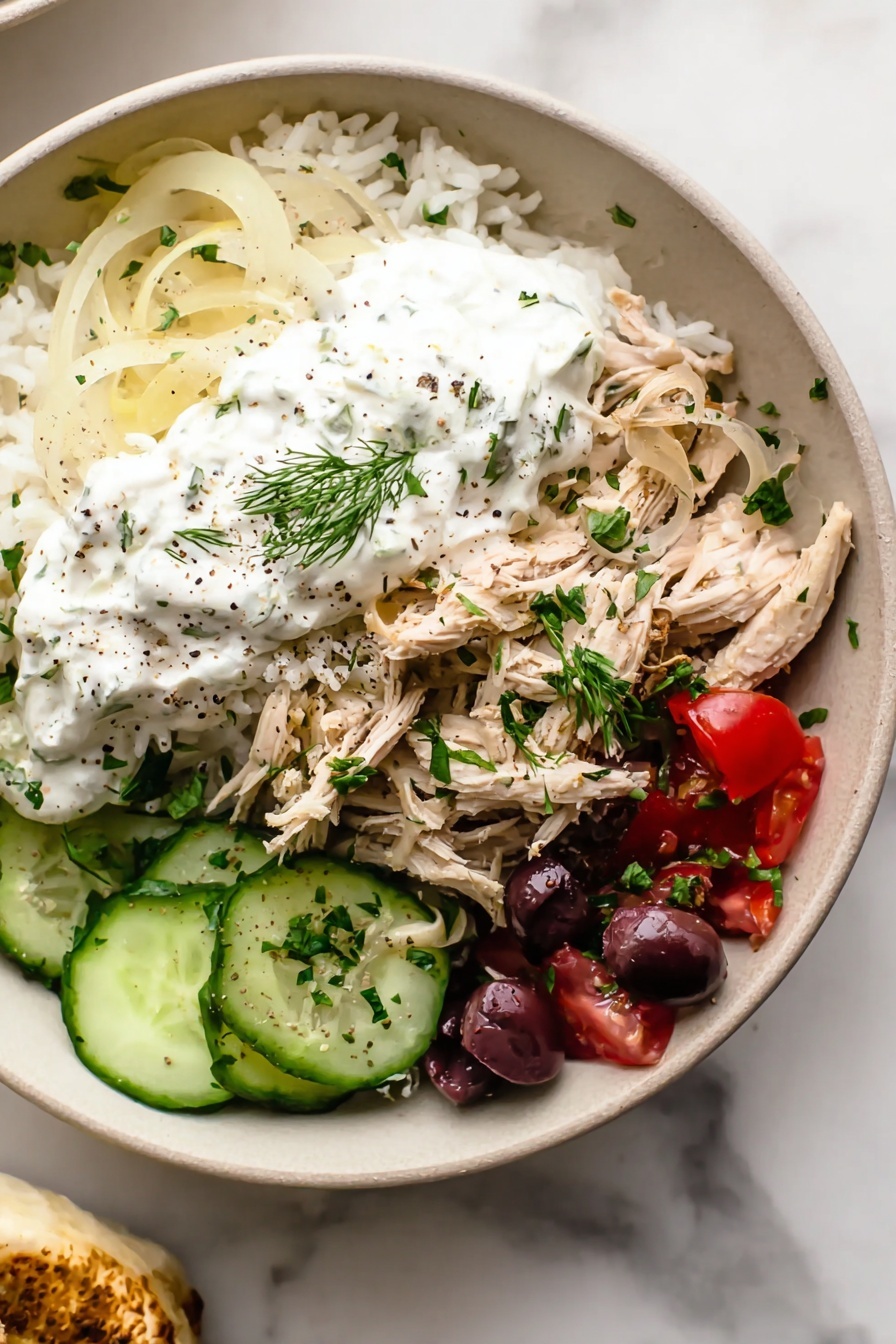Slow Cooker Greek Chicken, Greek Chicken recipe, Mediterranean chicken, easy slow cooker dinners, lemon garlic chicken - The dish is served in a white bowl placed on a white marbled surface. The base layer is fluffy white rice, slightly visible under other ingredients. On one side, there are shredded pieces of light brown chicken mixed with translucent sautéed onions. Next to the chicken is a dollop of white creamy sauce with green dill on top. Thin cucumber slices with dark purple olives and small red tomato pieces fill the next section, adding fresh color. The whole bowl is sprinkled with finely chopped green herbs and a little black pepper. Photo taken with an iphone --ar 2:3 --v 7