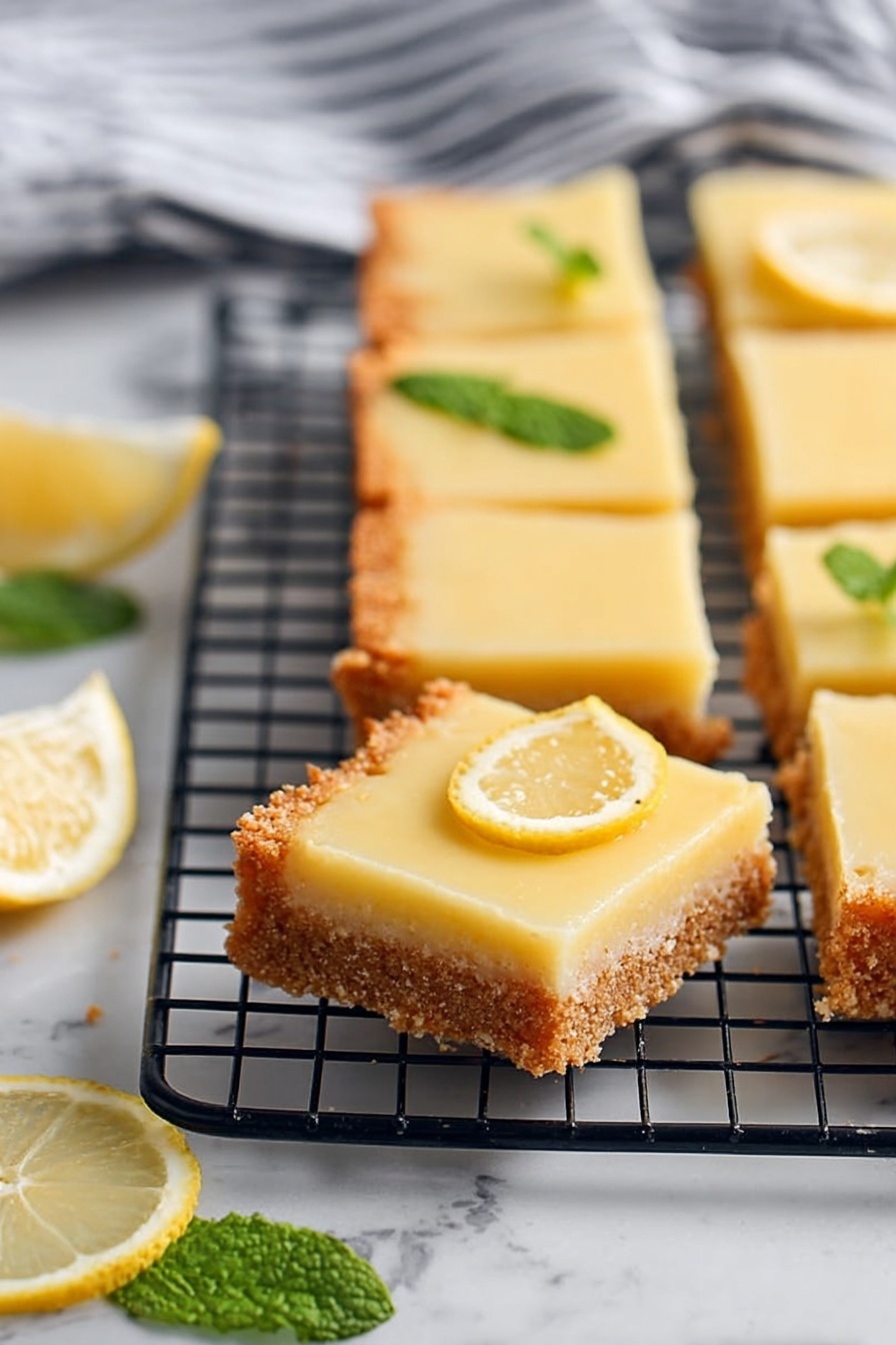 Creamy Lemon Squares, Lemon Squares, Lemon Dessert, Easy Lemon Bars, Tangy Lemon Squares - The image shows a set of square lemon bars arranged in three rows on a black metal cooling rack placed over a white marbled surface. Each lemon bar has two layers: the bottom layer is a thick, crumbly, golden-brown crust that forms a raised edge around the dessert, and the top layer is a smooth, pale yellow lemon filling with a silky texture. Around the lemon bars, there are lemon slices and green mint leaves adding a fresh touch. The background includes a striped cloth that is slightly out of focus. Photo taken with an iphone --ar 2:3 --v 7