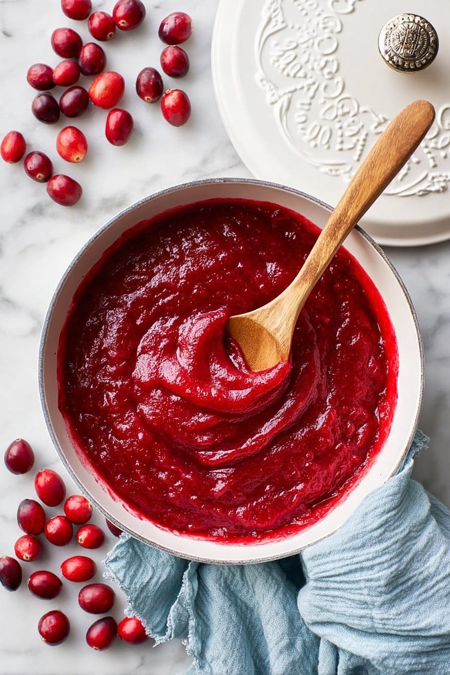 Sweet and Tangy Cranberry Sauce with Maple and Orange Zest, cranberry sauce with orange zest, homemade cranberries sauce, holiday cranberry sauce, easy cranberry sauce recipe - A white pan filled with thick, bright red cranberry sauce that has a slightly chunky texture, with a wooden spoon partially dipped into the sauce twisting it into a small swirl at the center. Fresh red cranberries are scattered on the white marbled surface around the pan. A light blue cloth is casually wrapped around the pan handle, and the white lid of the pan is placed nearby with an embossed pattern and metal knob. Photo taken with an iphone --ar 2:3 --v 7