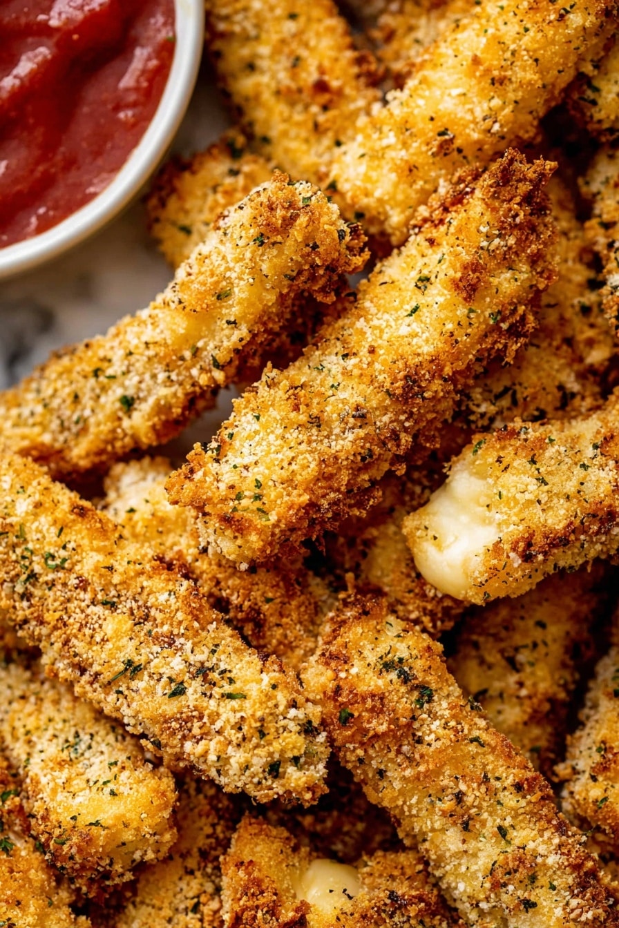 Baked Mozzarella Sticks, cheesy baked mozzarella sticks, crispy baked cheese sticks, homemade baked mozzarella snacks, healthy mozzarella sticks - The image shows many crispy coated sticks piled together, each stick having a rough and crunchy light golden-brown outside with green herb specks visible in the coating. The coating looks crumbly and textured with some parts more browned than others. The sticks are resting closely together, filling the frame with a few parts showing a creamy melted layer inside the sticks. In the bottom left, part of a round white bowl with a red sauce inside is visible. The background has a white marbled texture. photo taken with an iphone --ar 2:3 --v 7