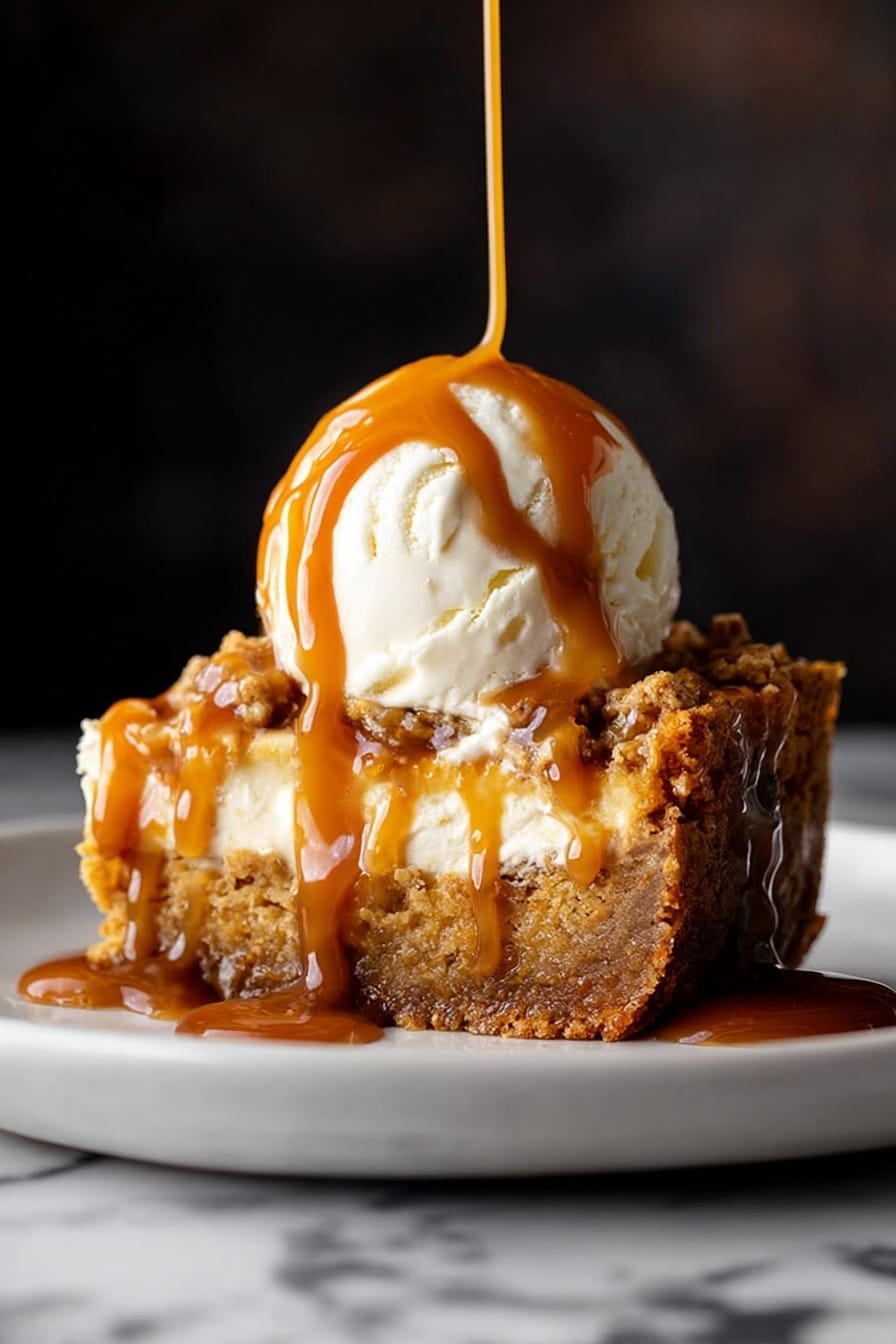 Pumpkin Dump Cake, easy fall dessert, pumpkin dessert recipe, quick dump cake, beginner friendly pumpkin treat - A slice of golden brown dessert with a crumbly textured base layer topped by a soft, slightly moist middle layer, with a large round scoop of creamy white ice cream on top, covered with thick caramel sauce dripping down the ice cream and sides of the dessert slice, all served on a white plate against a dark blurred background with a white marbled surface below photo taken with an iphone --ar 2:3 --v 7