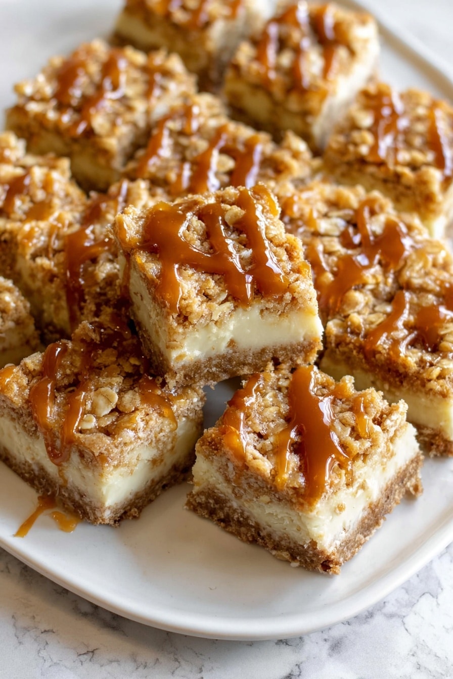 Caramel Apple Cheesecake Bars, caramel apple dessert, fall cheesecake bars, easy apple dessert, caramel streusel bars - The image shows a close-up of a white plate filled with square pieces of a crumbly dessert bar. Each piece has three visible layers: a light brown base, a creamy middle layer, and a golden, crumbly top layer with oats mixed in. The top is drizzled with a glossy caramel sauce. The pieces are arranged close together and the plate is set on a white marbled surface. Photo taken with an iphone --ar 2:3 --v 7