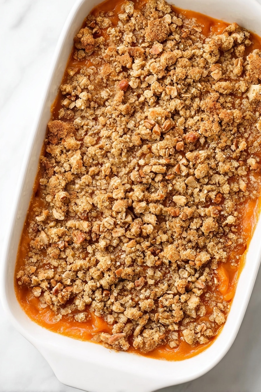 Vegan Sweet Potato Casserole with Pecan Topping, vegan sweet potato casserole, dairy-free sweet potato side dish, holiday vegan casserole, healthy vegan sweet potato dish - The image shows a white rectangular casserole dish filled with a dessert made of two visible layers. The bottom layer is smooth and orange, likely a sweet potato or pumpkin filling, with a glossy texture. The top layer is a crumbly, golden brown streusel with rough chunks and pieces of nuts mixed throughout, creating an uneven crunchy texture that covers the entire surface. The dish sits on a white marbled background. photo taken with an iphone --ar 2:3 --v 7