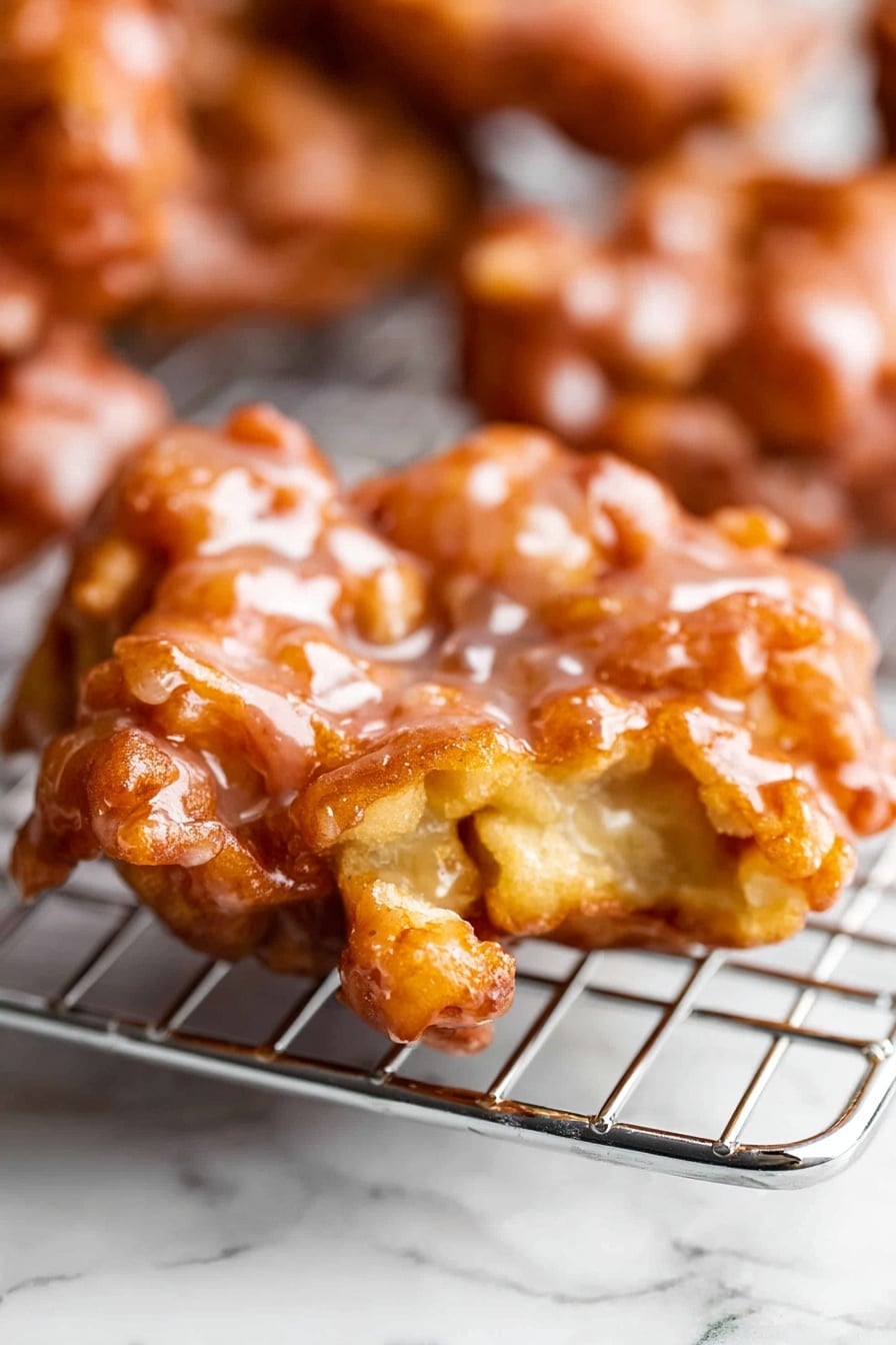 Crispy Apple Fritters with Vanilla Glaze, apple fritter recipe, fall dessert ideas, homemade apple fritters, easy fritter recipe - The image shows a close-up of a single apple fritter resting on a cooling rack over a white marbled surface. The fritter has a rough, uneven shape with a golden-brown color mixed with lighter, glazed areas that give it a shiny, sugary texture. The glaze is unevenly spread over the top, creating a glossy, sticky appearance that catches the light. The fritter's surface looks crispy with small ridges and bumps, while the inside appears soft and moist. In the background, other fritters are blurred but similarly textured. Photo taken with an iphone --ar 2:3 --v 7