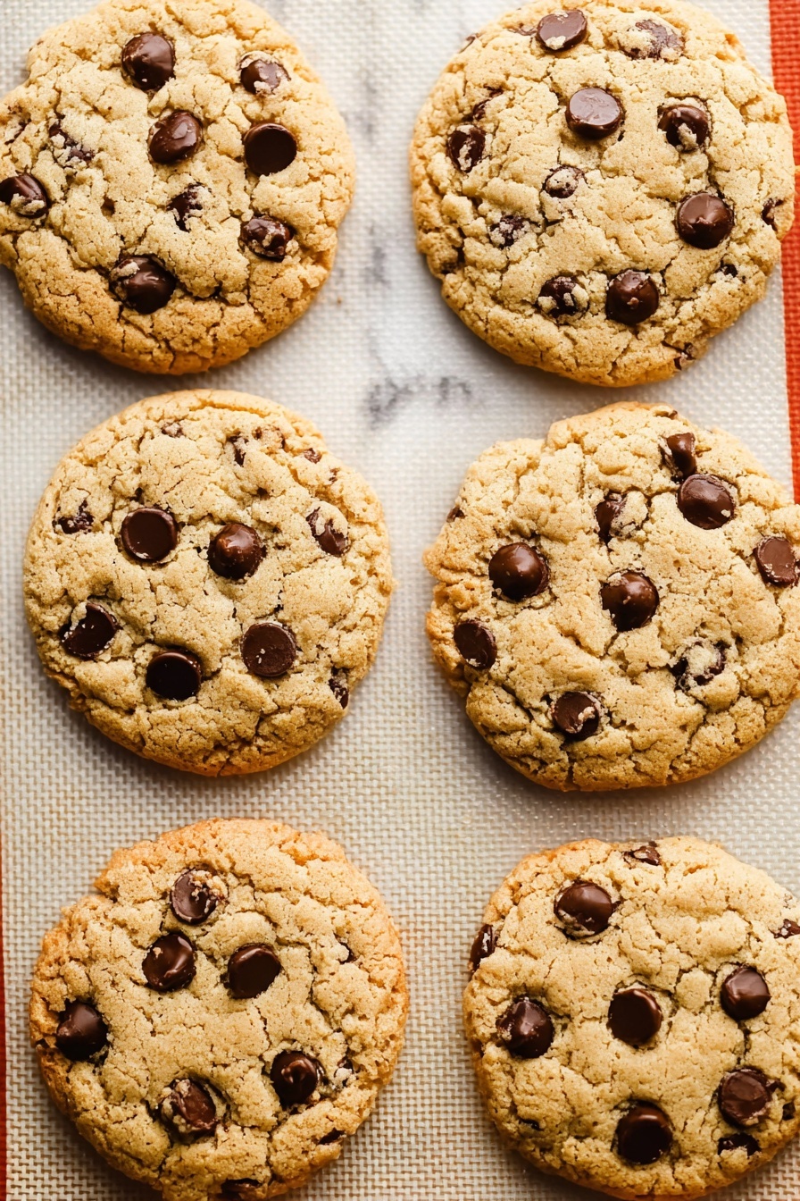 Vegan Gluten Free Chocolate Chip Cookies, gluten free vegan cookies, dairy free chocolate chip cookies, vegan cookie recipes, allergy-friendly chocolate chip cookies - Six round chocolate chip cookies with a light golden brown color and slightly cracked surface are placed on a textured white baking mat with a small, grid-like pattern. Each cookie has dark brown chocolate chips that stand out against the light dough. The edges of the cookies are a bit darker and the cookies look soft and chewy with a slightly crisp outer layer. The background outside the baking mat is a smooth white marbled texture. photo taken with an iphone --ar 2:3 --v 7
