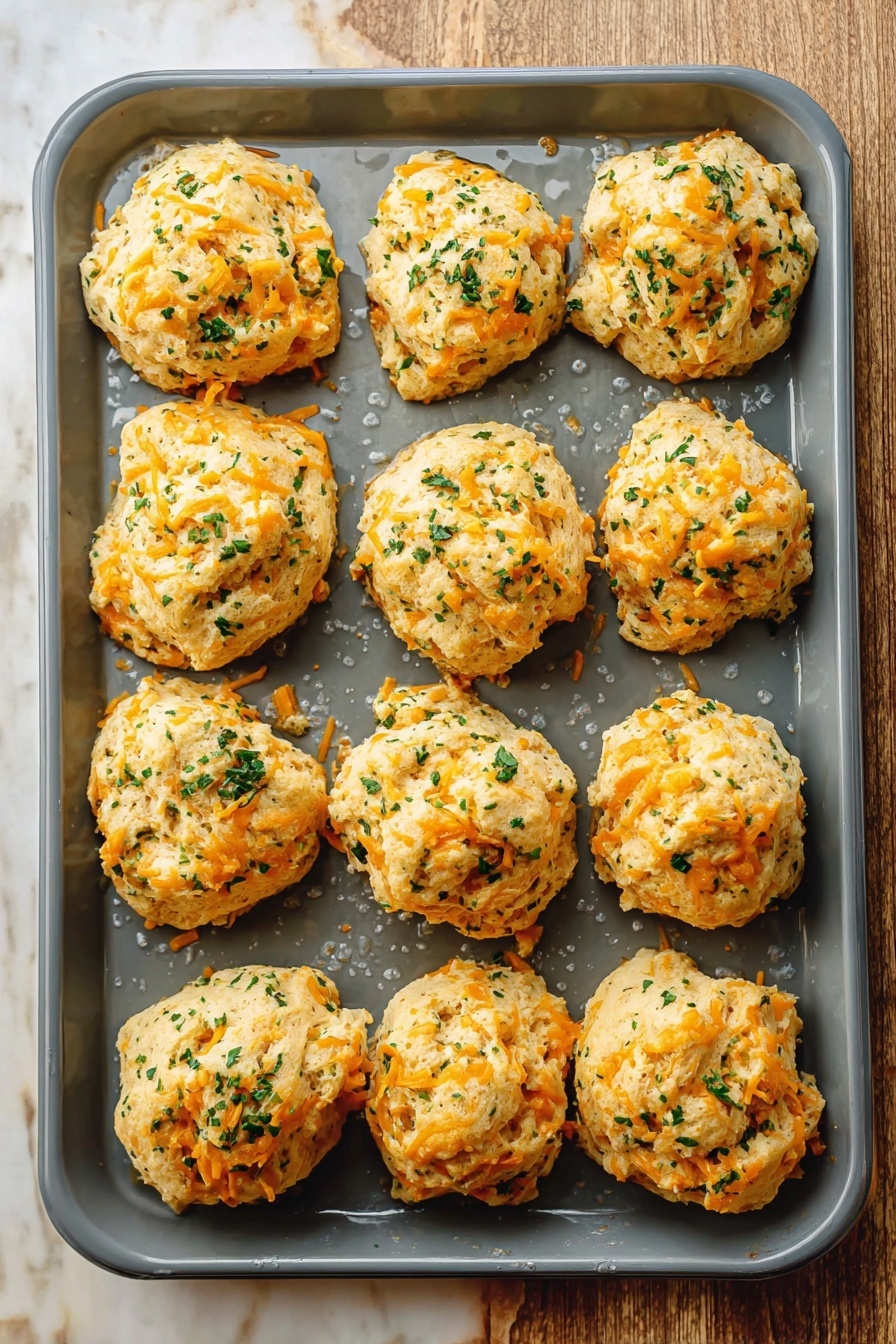 Vegan Cheddar Bay Biscuits, vegan cheesy biscuits, plant-based savory biscuits, vegan biscuit recipe, dairy-free cheesy biscuits - The image shows a grey baking tray with twelve biscuit-like dough pieces arranged in a loose grid. Each biscuit is a pale golden color mixed with visible bright orange shreds that look like cheese, and they are sprinkled with finely chopped green herbs throughout. The dough pieces have a rough, uneven texture, giving them a homemade feel. The tray has small droplets of moisture around the biscuits, and it is placed on a wooden surface with a white marbled texture. photo taken with an iphone --ar 2:3 --v 7