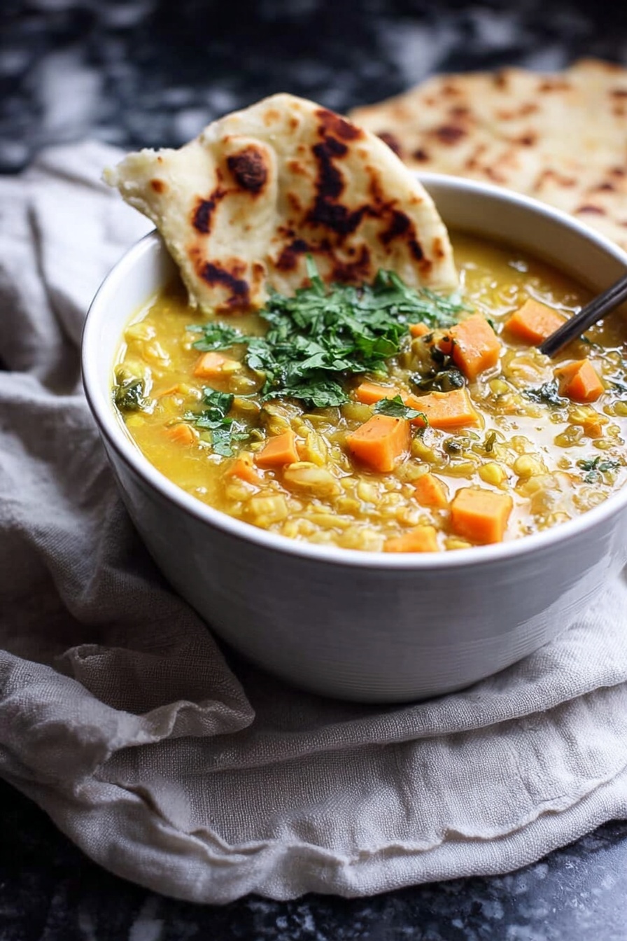 Coconut Sweet Potato Lentil Soup, Sweet Potato Lentil Soup with Coconut Milk, Healthy Coconut Lentil Soup, Cozy Vegan Lentil Soup, Nourishing Sweet Potato Soup - A white bowl filled with thick yellow soup containing orange cubes, possibly sweet potatoes, with visible grains and green leafy bits mixed in. On one side of the bowl, a piece of flatbread with brown roasted spots leans against the bowl, and some fresh green herbs rest on top of the soup. The bowl sits on a light, crumpled cloth over a dark surface with a white marbled texture in the background. Photo taken with an iphone --ar 2:3 --v 7