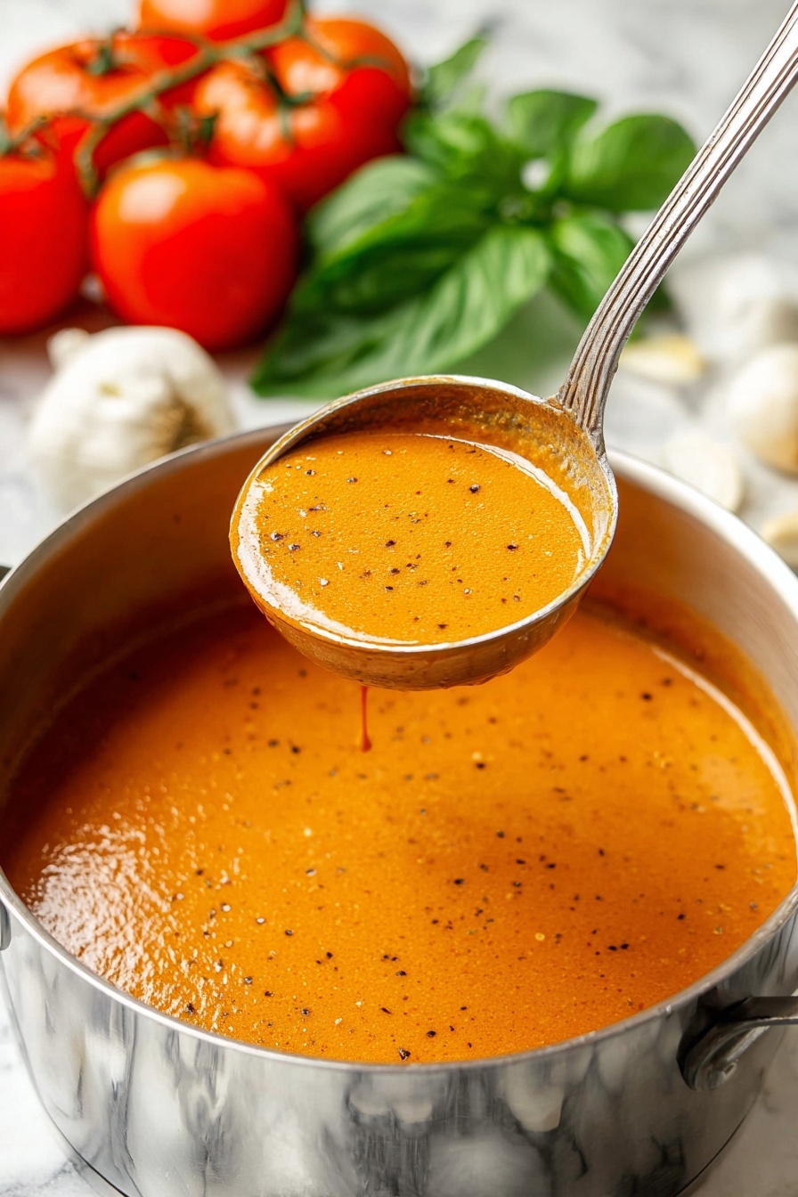 Easy Tomato Basil Soup, Tomato Basil Soup, homemade tomato soup, quick tomato basil soup, comforting tomato soup - A shiny silver pot filled with smooth, rich orange soup speckled with black pepper bits. A metal ladle is lifting some thick soup out of the pot, showing its creamy texture. In the background, there are bright red tomatoes on the vine, white garlic bulbs, and fresh green basil leaves. The pot is placed on a white marbled surface. photo taken with an iphone --ar 2:3 --v 7