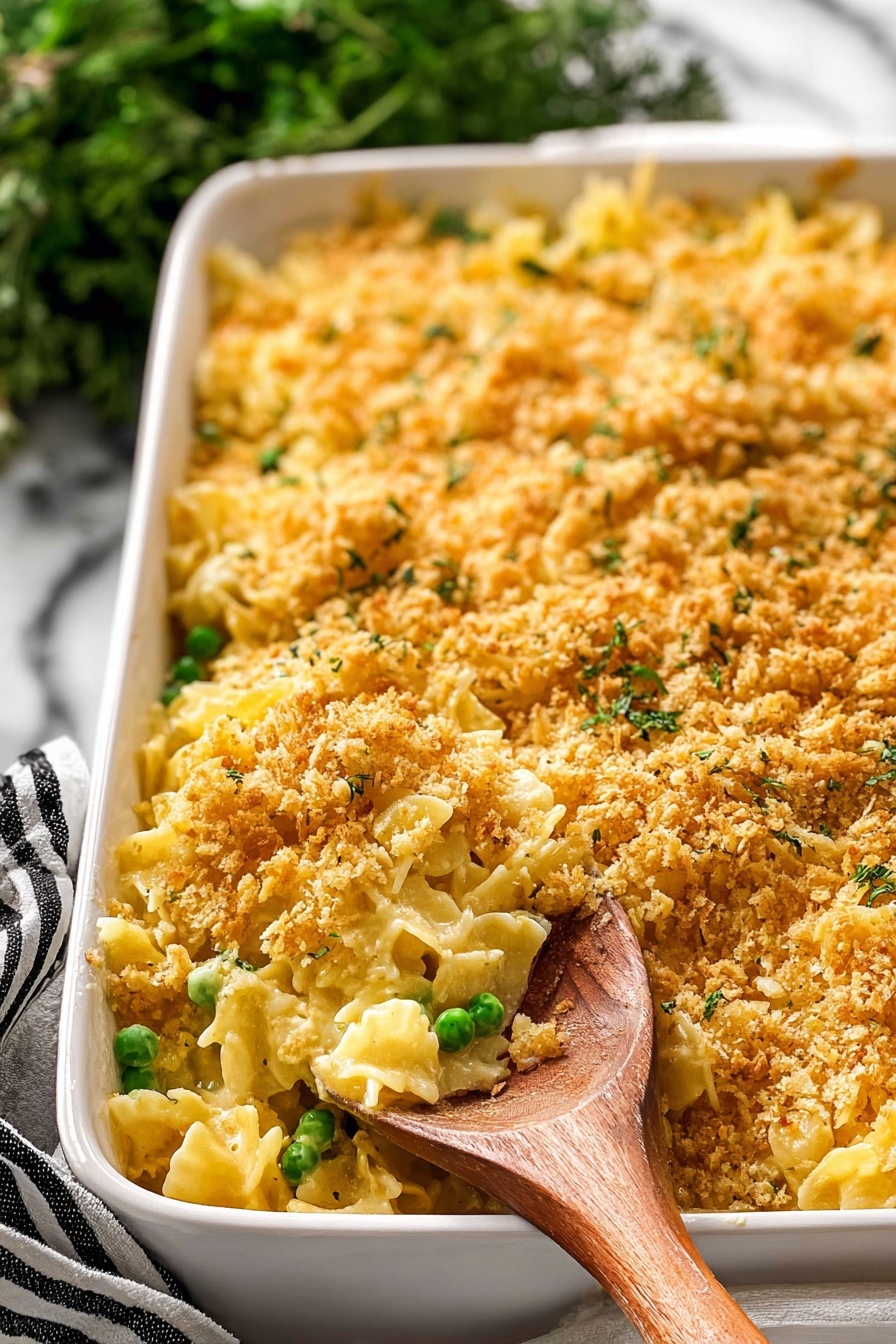 Creamy Chicken Casserole, Chicken casserole recipe, cheesy chicken bake, easy chicken dinner, comforting casserole dishes - A white rectangular baking dish filled with macaroni and cheese topped with a golden, crunchy breadcrumb crust. The casserole has a light yellow cheesy layer underneath, mixed with scattered green peas throughout the dish and on top. A wooden spoon rests inside the dish, partially scooping the macaroni. The background shows green leafy herbs placed on a white marbled surface. Photo taken with an iphone --ar 2:3 --v 7