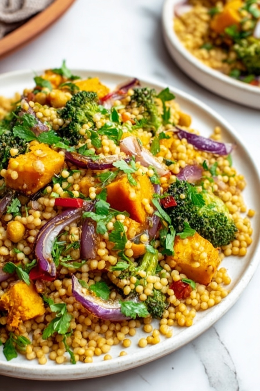 Roasted Pumpkin Couscous Salad with Cranberries and Pumpkin Seeds, Fall salad with roasted pumpkin and cranberries, Easy healthy autumn salad, Cozy vegetarian pumpkin salad, Vibrant pumpkin couscous bowl - A white plate holds a colorful couscous salad with three main layers: the base layer is small, round golden couscous grains, mixed evenly throughout the dish; the second layer includes bright green broccoli pieces and fresh green herbs, scattered over and inside the couscous; the top layer shows chunks of orange pumpkin, thin slices of purple onion, and occasional red pepper pieces, all mixed together. The plate rests on a white marbled surface with soft natural light highlighting the textures and colors. A glimpse of a second white plate with more of the same salad is visible in the bottom right corner. photo taken with an iphone --ar 2:3 --v 7