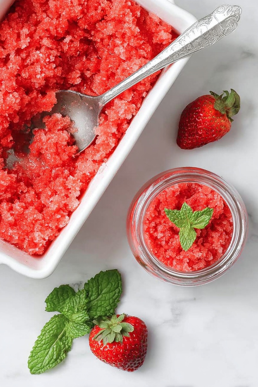 Strawberry Mint Sorbet, refreshing fruit sorbet, summer dessert recipes, easy homemade sorbet, healthy frozen treats - A top view of a bright red strawberry granita with a rough, icy texture in a white rectangular dish on a white marbled surface, showing a silver spoon inside catching some granita. Nearby, three fresh strawberries with green leaves are placed on the white marbled background. A small clear glass jar filled with the same red granita is also present, with a silver spoon sticking out. A small bunch of green mint leaves adds a fresh touch near the jar. photo taken with an iphone --ar 2:3 --v 7