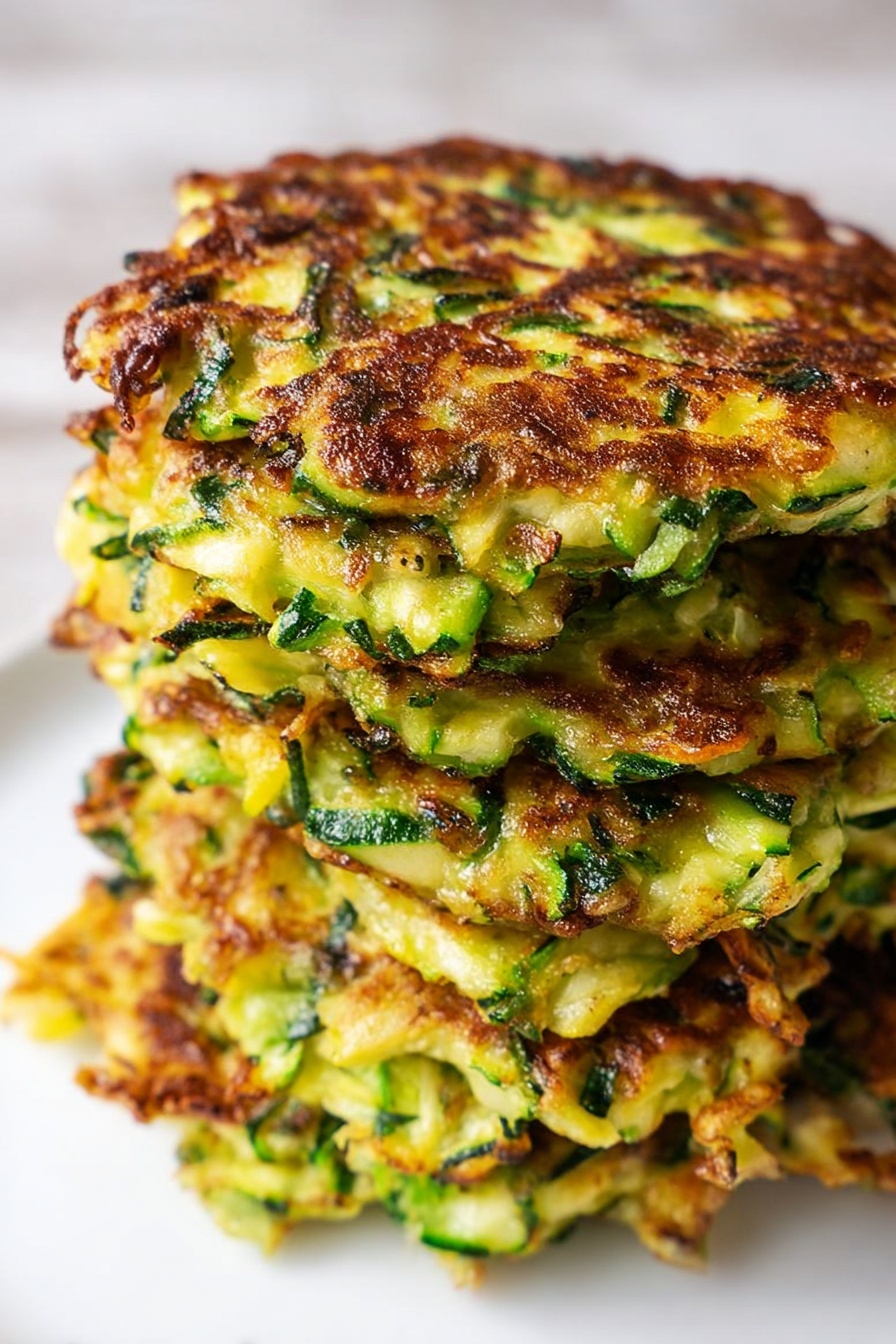 Vegan Zucchini Fritters, vegan zucchini fritters, crispy zucchini patties, healthy zucchini snacks, plant-based fritters - A stack of six round zucchini fritters sits closely together on a white plate, showing a mix of green zucchini shreds and light yellow cooked batter with uneven, browned patches on top. The texture looks crispy at the edges and soft inside, with some bits of green herbs visible throughout. The fritters have an uneven, slightly rough surface and are thick but not very tall. The background is a white marbled texture. photo taken with an iphone --ar 2:3 --v 7