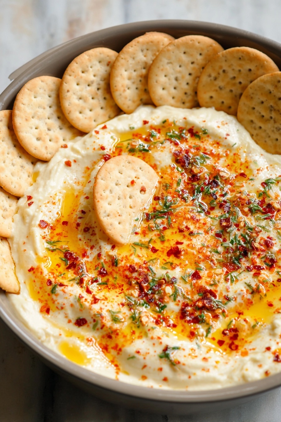 Vegan Brie Dip with Pepper Jelly, vegan cheese dip, plant-based party dip, vegan appetizer ideas, dairy-free cheese dip - A shallow gray pan holds a creamy, smooth white dip as the base layer, topped with bright golden orange oil drizzles and sprinkled with red chili flakes and green herb bits scattered across the surface. Around the edge of the dip, there are two neat rows of round, crunchy crackers with a light tan color and small seeds visible. One cracker is partly dipped into the creamy layer near the center, resting flat. The background is a white marbled texture. Photo taken with an iphone --ar 2:3 --v 7