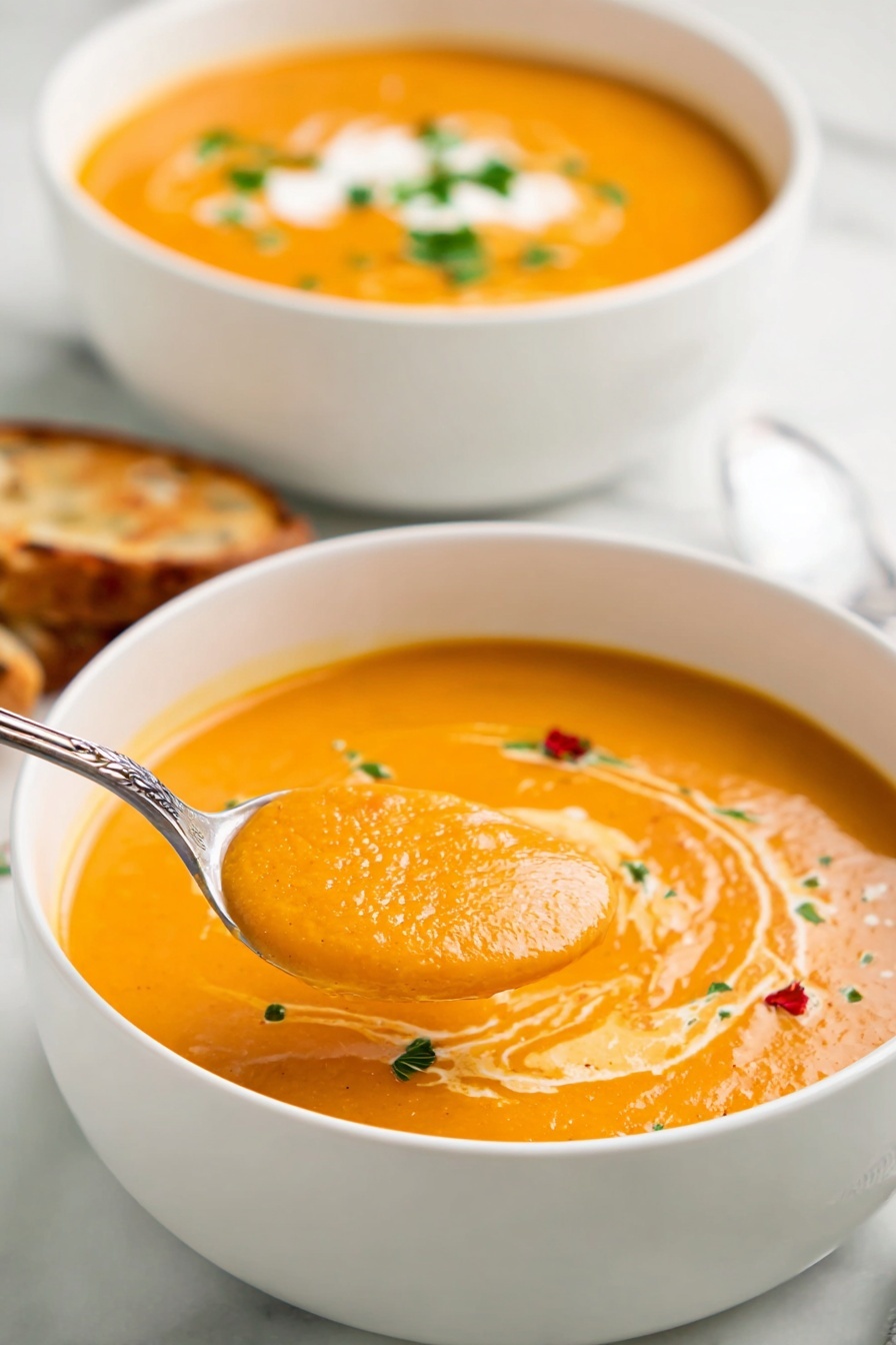Roasted Red Pepper Gouda Soup, roasted red pepper soup, Gouda cheese soup, smoky red pepper soup, creamy vegetable soup - Two white bowls filled with smooth orange soup sit on a white marbled surface. The bowl in front has a spoon lifting some thick, creamy soup that shows a light swirl of cream on top. Small bits of green herbs and a tiny spot of red add color to the soup near the edge of the bowl. Behind it, the second bowl also has an orange soup with cream and green herbs. A piece of toasted bread is partly visible next to the bowls. photo taken with an iphone --ar 2:3 --v 7