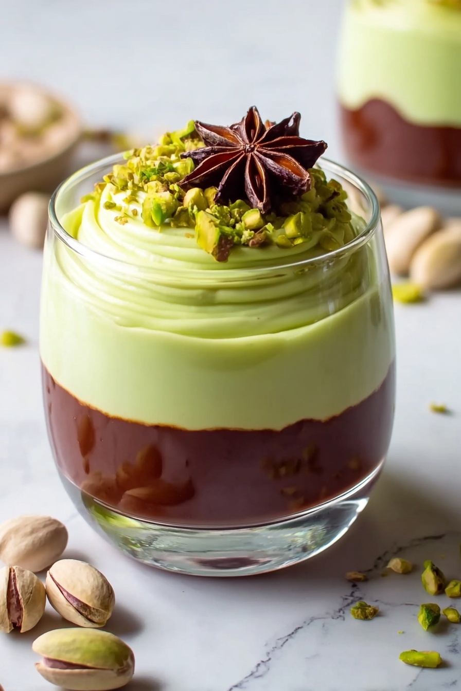 Pistachio Mousse with Chocolate Ganache, pistachio dessert, chocolate mousse recipe, elegant mousse dessert, easy dessert recipes - The image shows a clear glass filled with two layers of dessert placed on a white marbled surface. The bottom layer is a smooth, dark brown chocolate layer with a shiny texture. On top of this is a thick, pale green layer that looks creamy and soft, swirled into a round shape with a slight peak at the center. The top is decorated with crushed pistachio nuts and a star anise placed in the middle. Some pistachio nuts with shells are scattered around the glass. Photo taken with an iphone --ar 2:3 --v 7