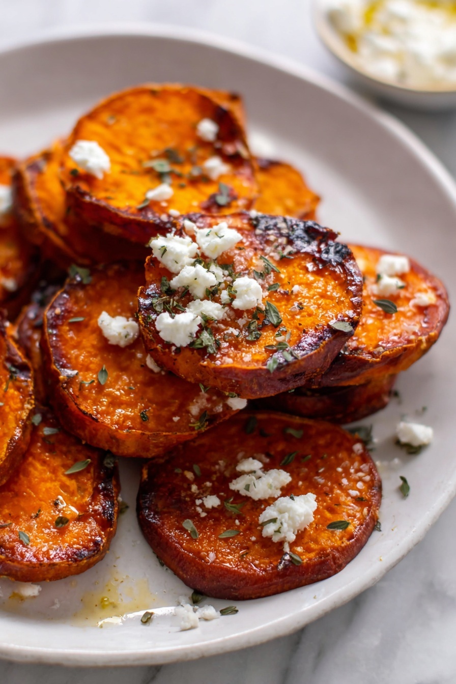 Sweet Potato Rounds with Honey and Feta, savory sweet potato appetizer, roasted sweet potato bites, honey feta roasted sweet potatoes, easy sweet potato side dish - The image shows a white plate filled with about two layers of roasted sweet potato rounds, each round having a deep orange color with charred edges. The top layer of rounds is garnished with small crumbles of white cheese and scattered green herb leaves. The sweet potato slices have a slightly shiny surface, indicating a light glaze or oil. The plate rests on a white marbled surface. Photo taken with an iphone --ar 2:3 --v 7