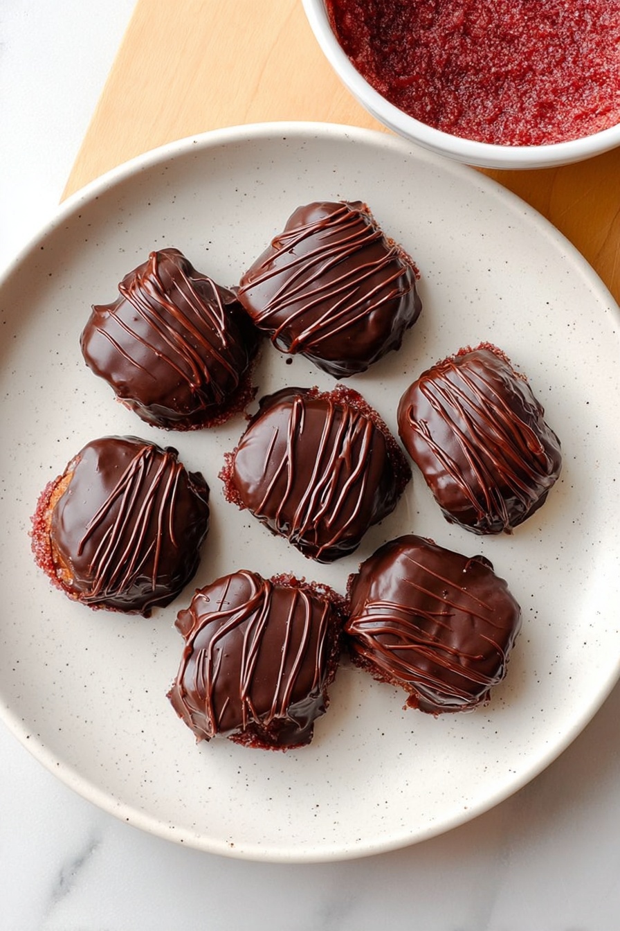 Raspberry Date Brownie Bites, healthy brownie snacks, no-bake energy bites, gluten-free brownie treats, wholesome dessert ideas - A white speckled plate holds nine small square treats arranged in a loose circular pattern. Each treat has several layers with a dark, slightly shiny textured top layer, and beneath it, a visible reddish base layer that looks sticky or jam-like. Above the plate, there is a beige pan with a long handle, partially filled with a chunky, bright red mixture. The pan is set on a light wooden surface. The background is a white marbled texture. Photo taken with an iphone --ar 2:3 --v 7