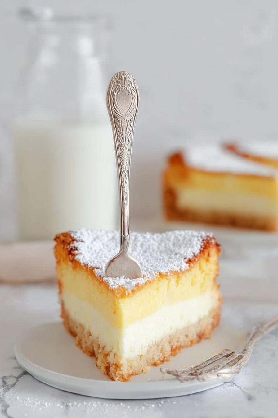 Ooey Gooey Cream Cheese Cake, easy cream cheese cake recipe, decadent cream cheese dessert, how to make gooey cream cheese cake, best cream cheese cake for gatherings - The image shows a slice of a two-layer dessert on a white plate placed on a white marbled surface. The bottom layer is a light golden crust with a firm texture. Above it is a creamy pale yellow layer, smooth and thick. The top is dusted with white powdered sugar that looks soft and powdery. A silver fork with a simple, detailed design is stuck vertically into the slice. In the blurry background, there is a glass bottle filled with white milk. Photo taken with an iphone --ar 2:3 --v 7