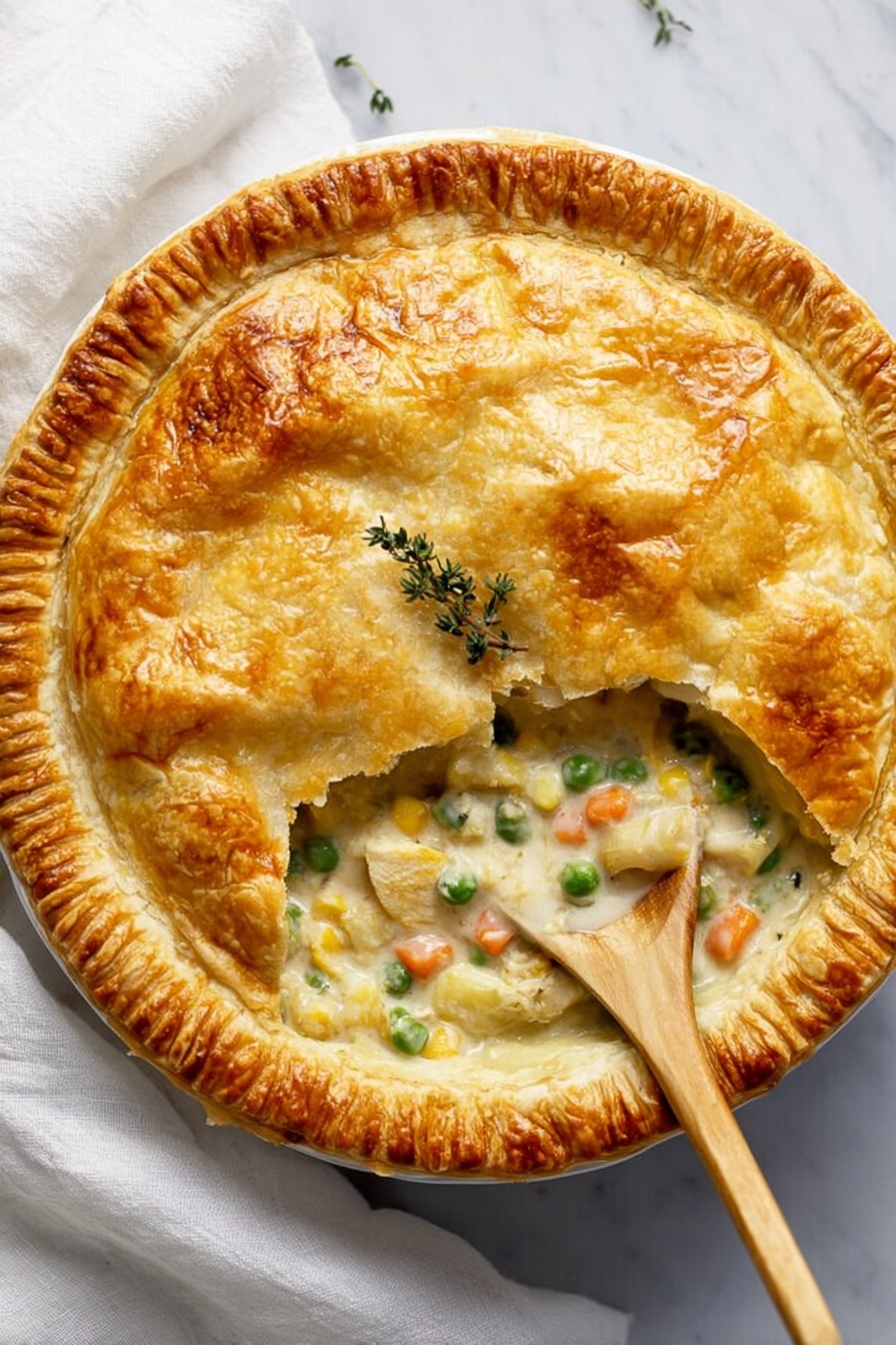 Easy Chicken Pot Pie with Puff Pastry, chicken pot pie filling, flaky puff pastry dinner, comforting chicken pie, quick chicken pot pie - A golden brown pie with a flaky, slightly cracked crust covers the top. Near one side, there is a round opening showing a creamy filling with white chunks, green peas, small orange pieces, and light yellow cubes, likely vegetables. A wooden spoon rests inside the opening, partly buried in the filling. A small sprig of green thyme is placed on top of the crust. The pie is on a white marbled surface with a white cloth nearby, adding softness to the scene. photo taken with an iphone --ar 2:3 --v 7
