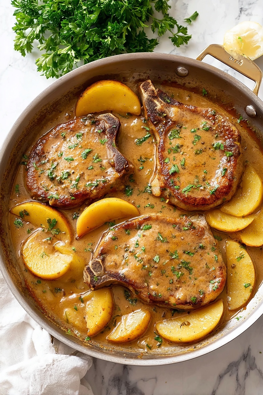 Apple Pork Chops with Balsamic Sauce, pork chop recipes with apples, easy pork chop dinner ideas, savory apple pork recipe, balsamic pork chop skillet - A silver pan filled with three brown pork chops covered in a thick, light brown sauce sprinkled with small green herb bits. Around the pork chops are many slices of soft yellow apples soaking in the sauce. The texture of the sauce is smooth and shiny, coating the meat and apples evenly. The pan rests on a white marbled surface with a bunch of fresh green parsley on the side, and a white cloth nearby. Photo taken with an iphone --ar 2:3 --v 7