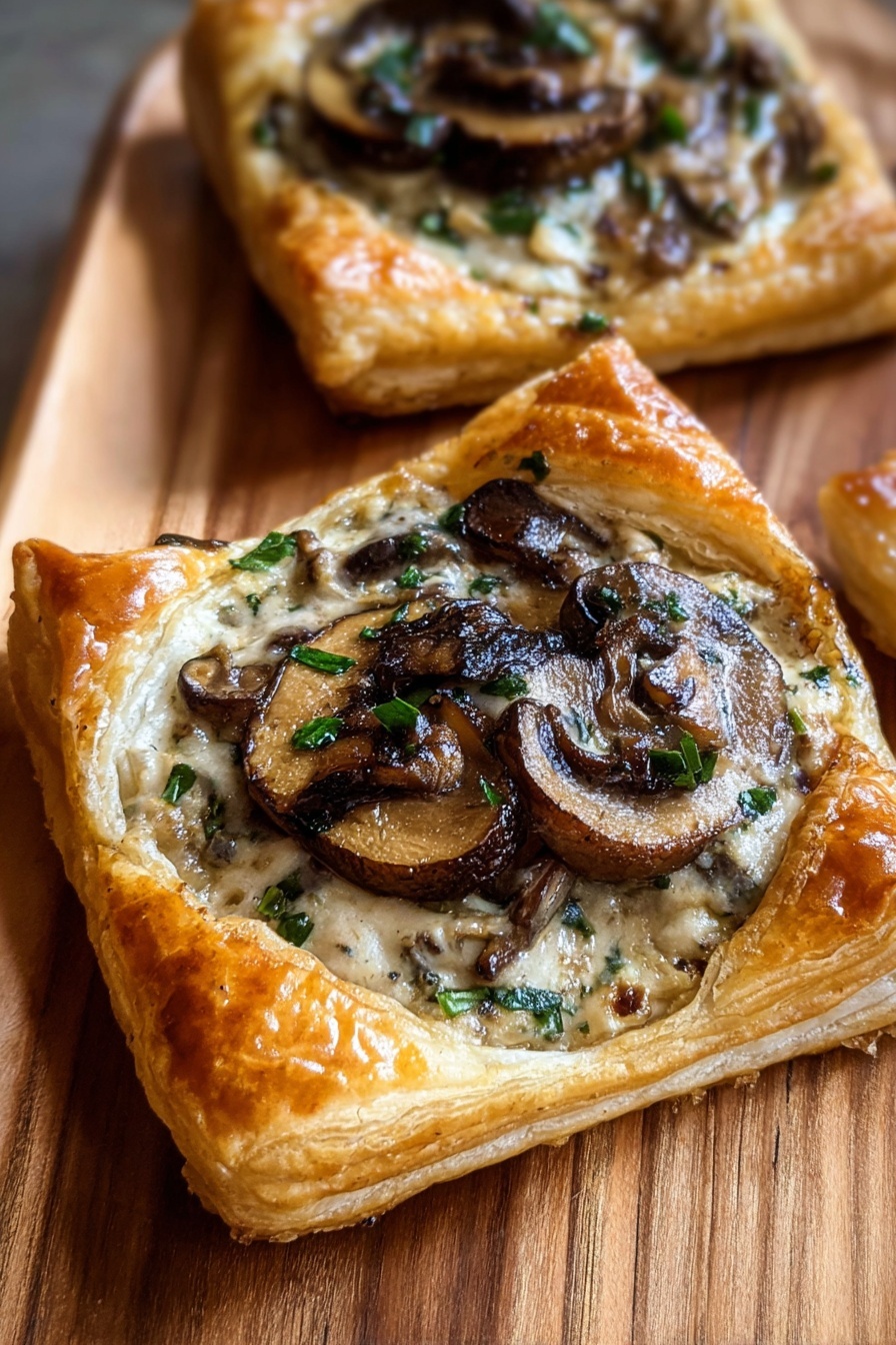 Mushroom and Goat Cheese Puff Pastry Tarts, savory mushroom tartlets, easy appetizer recipes, quick vegetarian starters, elegant puff pastry appetizers - Five small square-shaped pastries are arranged side by side on a wooden board placed on a white marbled surface. Each pastry has one thick, golden-brown puff pastry base layer with a slightly shiny, flaky texture. On top, there is a creamy sauce layer mixed with chopped green herbs, followed by a layer of sliced cooked mushrooms in brown and beige shades, scattered unevenly but fully covering the sauce. The edges of the pastry are puffed up and crispy, creating a raised border around the toppings. The photo taken with an iphone --ar 2:3 --v 7