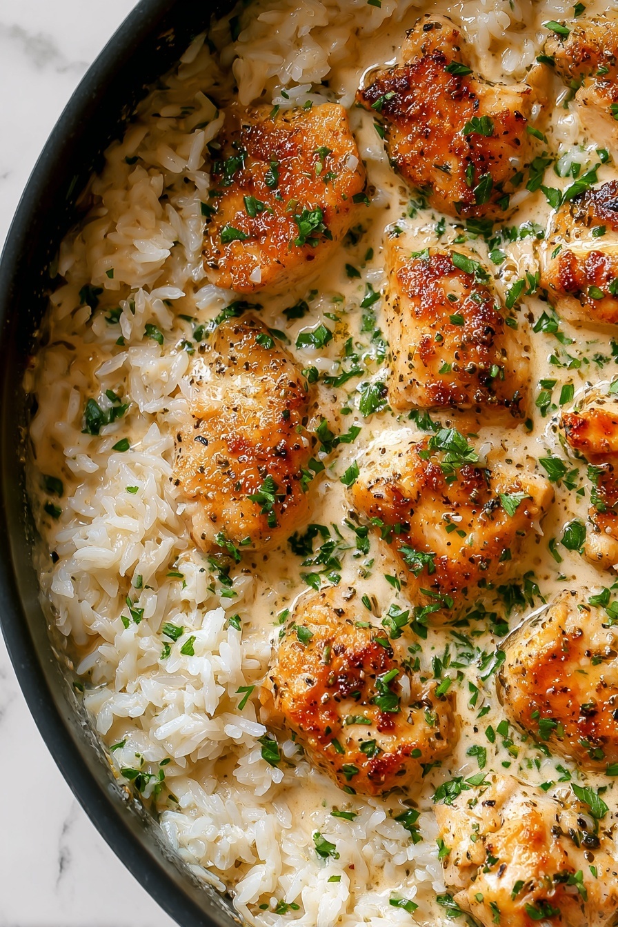 Creamy Herb Chicken over Basmati Rice, herb chicken with creamy sauce, easy chicken and rice dinner, weeknight chicken recipes, flavorful chicken dinner - The image shows a close-up of a cooked dish in a pan with pieces of browned chicken on top of a bed of white rice. The chicken pieces have a golden-brown color with a slightly crispy texture spotted with herbs. The rice underneath is fluffy and white with some grains coated in a light creamy sauce. The dish is garnished with small bits of fresh green herbs scattered across the surface, adding a fresh contrast to the creamy and golden tones. The background surface is a white marbled texture. Photo taken with an iphone --ar 2:3 --v 7