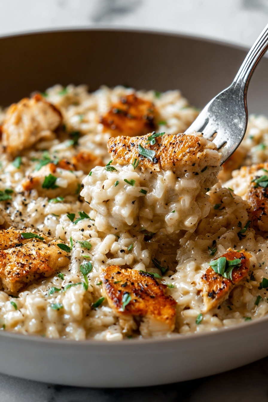 Creamy Herb Chicken over Basmati Rice, herb chicken with creamy sauce, easy chicken and rice dinner, weeknight chicken recipes, flavorful chicken dinner - The image shows a close-up of a white skillet filled with creamy risotto layered with pieces of golden brown, seared chicken scattered on top. The risotto is thick and creamy with a light beige color, speckled with black pepper and garnished with small green herbs. A silver fork lifts a portion of the creamy risotto and chicken, showing the soft texture of the rice and tender chicken pieces. The background and surface beneath the skillet are white with a marbled texture. photo taken with an iphone --ar 2:3 --v 7