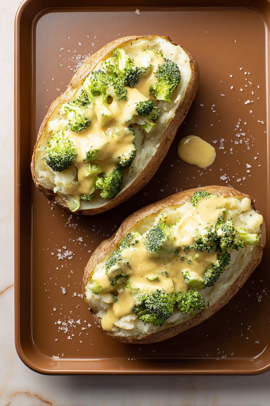 Cheesy Broccoli Baked Potatoes, baked potato with cheesy broccoli, cheesy broccoli stuffed baked potato, easy baked potato recipes, wholesome comfort food - Two baked potatoes are placed open on a brown baking tray, each with three visible layers. The bottom layer is the potato skin in a light brown color, the middle layer is soft white mashed potato, and the top layer is a creamy yellow cheese sauce with small bright green broccoli pieces mixed in. The sauce is slightly spilling onto the tray, and some salt grains are scattered around. The tray sits on a white marbled texture. Photo taken with an iphone --ar 2:3 --v 7