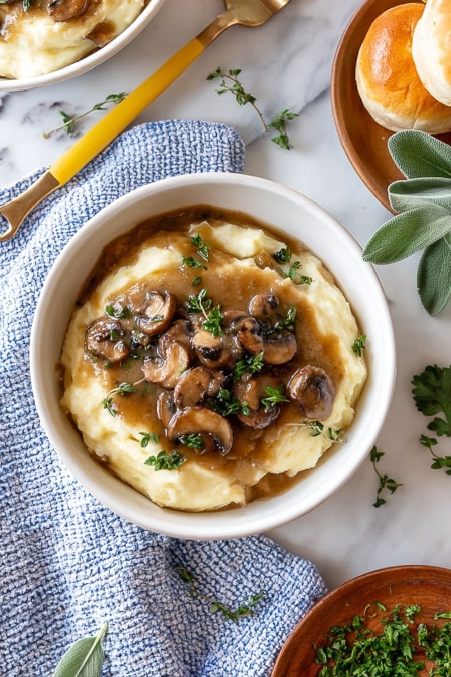 Mushroom Gravy, vegetarian mushroom gravy, easy mushroom gravy, earthy mushroom sauce, comforting gravy recipes - The image shows a white bowl filled with creamy, smooth mashed potatoes as the base layer. On top, there is a thick brown mushroom gravy with sliced mushrooms in it, spread over the center. Small green herb leaves are scattered on the gravy and mashed potatoes for garnish. The bowl is placed on a white marbled surface with a blue knitted cloth and a white and blue checkered napkin nearby. A fork and a knife with a yellow handle rest on the napkin. In the background, there is another bowl with a similar serving and two golden brown rolls. A wooden plate with chopped green herbs and a fresh sage leaf are also visible. Photo taken with an iphone --ar 2:3 --v 7