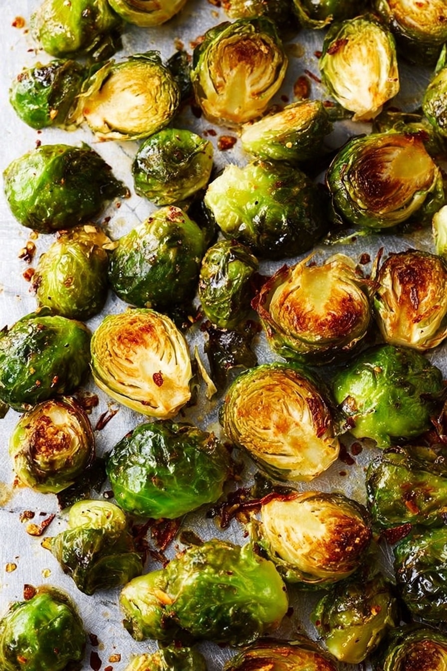 Balsamic Roasted Brussels Sprouts with Pecans and Cranberries, Brussels Sprouts Side Dish, Holiday Brussels Sprouts Recipe, Easy Brussels Sprouts Recipe, Flavorful Brussels Sprouts - The image shows many roasted Brussels sprouts spread out on a metal tray. Each Brussels sprout is cut in half, with the inner layers showing a mix of light yellow and golden brown where they are roasted, and the outer leaves a deep green, some with a bit of crisp and char. The texture of the sprouts is slightly wrinkled and caramelized, revealing a tender inside and crispy edges. Small bits of seasoning and oil drops are visible on the tray, adding to the roasted appearance. The background is a white marbled texture. photo taken with an iphone --ar 2:3 --v 7