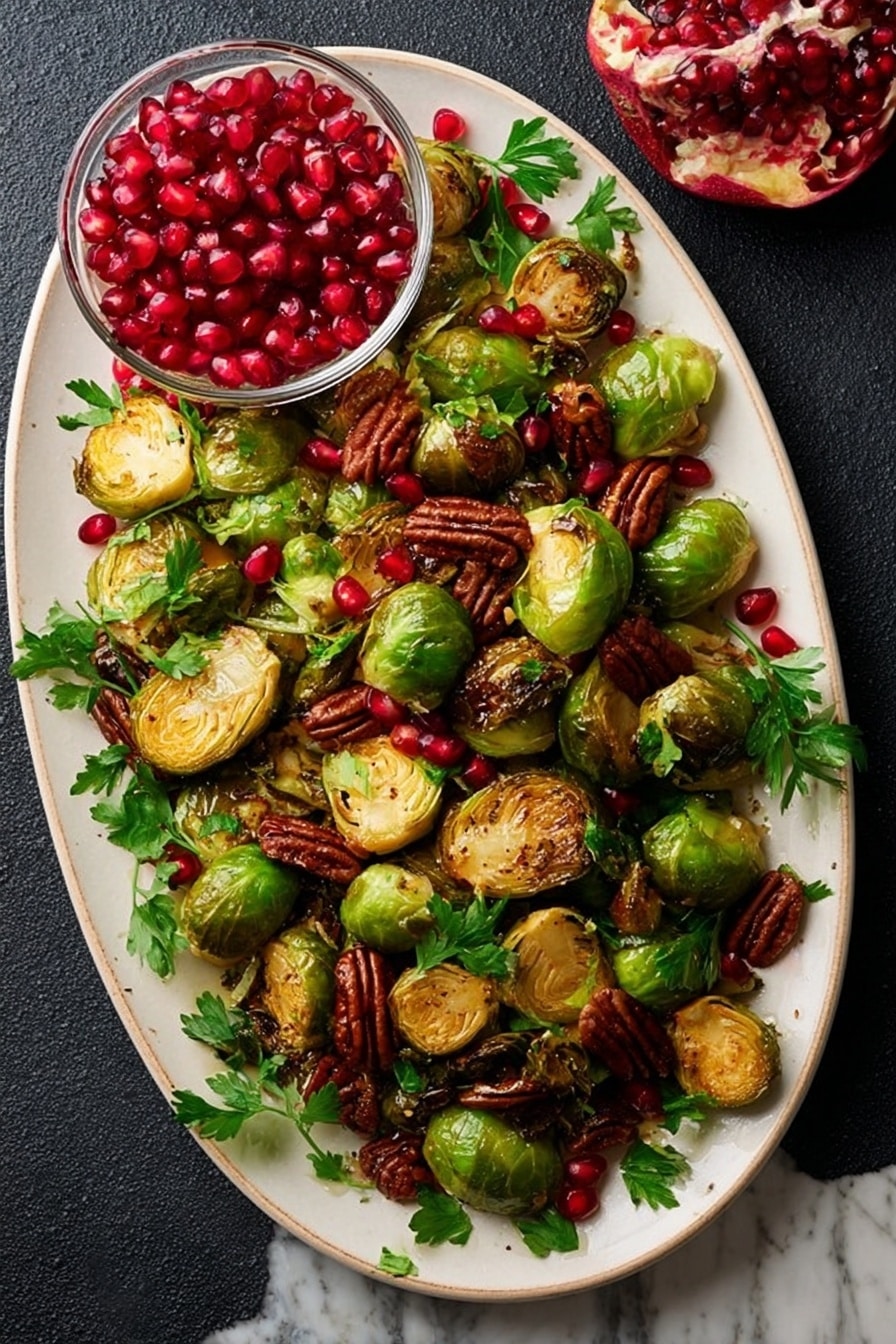 Balsamic Roasted Brussels Sprouts with Pecans and Cranberries, Brussels Sprouts Side Dish, Holiday Brussels Sprouts Recipe, Easy Brussels Sprouts Recipe, Flavorful Brussels Sprouts - A large oval white plate holds roasted Brussels sprouts, some whole and some cut in half, showing a golden-brown crispy texture on the flat sides. Mixed among the sprouts are bright red pomegranate seeds and whole brown pecans scattered evenly over the dish. A few sprigs of fresh green parsley add a pop of color on top. At the top edge of the plate sits a clear round bowl filled with more red pomegranate seeds. The plate is on a dark surface with a white marbled texture visible around the edges. photo taken with an iphone --ar 2:3 --v 7