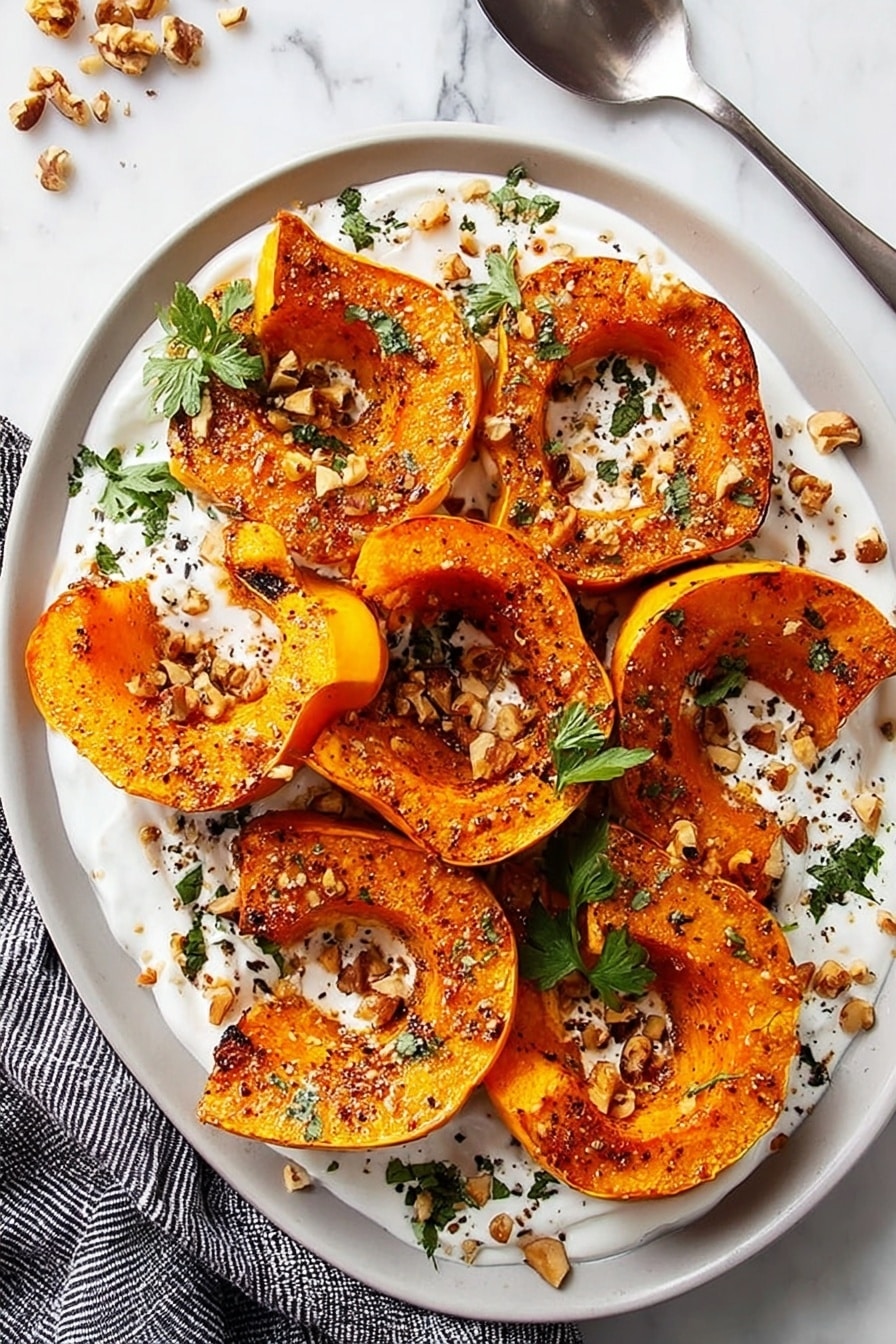 Roasted Honeynut Squash with Whipped Ricotta and Toasted Walnuts, Honeynut Squash recipes, Fall vegetable dinner ideas, Cozy roasted squash dishes, Easy squash side recipes - The image shows eight pieces of roasted orange squash with a slightly crispy texture, arranged on top of a white creamy sauce spread unevenly over a white plate. The squash pieces are scattered with chopped nuts and green fresh herb leaves. The plate rests on a white marbled surface, with a striped cloth and a silver spoon partly visible behind it. The overall colors are warm orange, creamy white, and green, creating a fresh and rustic look. Photo taken with an iphone --ar 2:3 --v 7