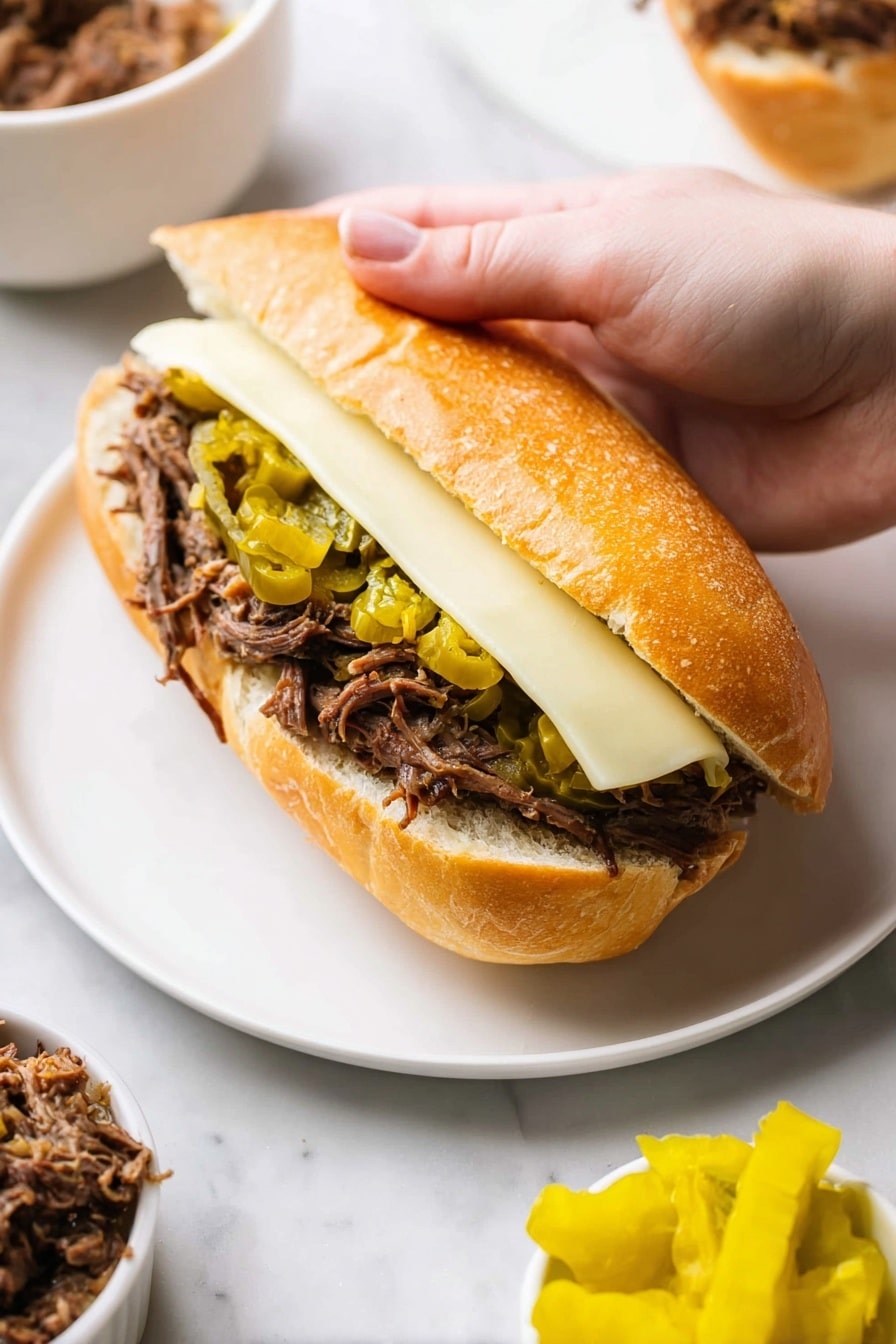 Italian Beef Sandwiches with Pepperoncini, Italian beef sandwiches, easy beef sandwich recipes, flavorful Italian sandwiches, hearty sandwiches with pepperoncini - A close-up view of a sandwich held by a woman's hand, showing three main layers inside a soft, lightly toasted golden brown sub roll. The bottom layer is tender, shredded brown meat filling the bread. On top of the meat, there is a layer of sliced green pickled peppers scattered unevenly. The top layer consists of a single slice of white cheese that extends along the length of the sandwich. The sandwich rests on a plain white plate set on a white marbled surface, with a small bowl of bright yellow pickled peppers and a partial view of a white bowl filled with a chunky brown mixture nearby. Photo taken with an iphone --ar 2:3 --v 7