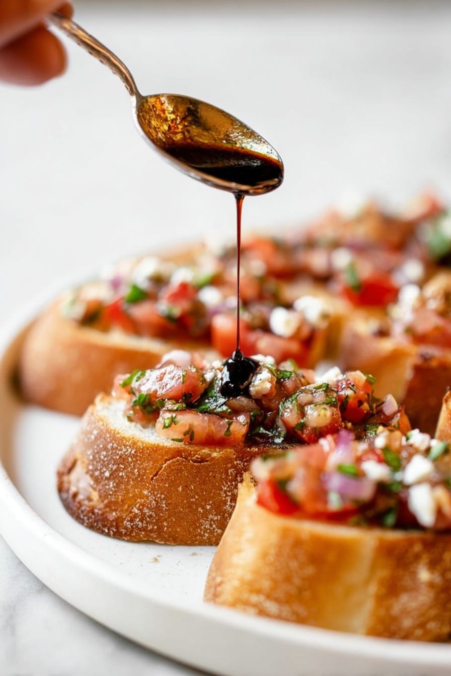 Tomato Bruschetta with Balsamic Glaze, homemade tomato bruschetta, easy Italian appetizer, fresh tomato topping, balsamic glaze recipe - The image shows several slices of crusty bread with rough, golden brown edges placed on a white plate. Each slice is topped with chopped tomatoes, green herbs, and small bits of white cheese, creating a textured and colorful layer on top of the bread. A woman's hand holds a spoon above the slices, pouring a thick, dark liquid drizzle over the toppings. The background and surface have a white marbled texture, adding a clean and bright contrast to the vivid colors of the bruschetta. Photo taken with an iphone --ar 2:3 --v 7