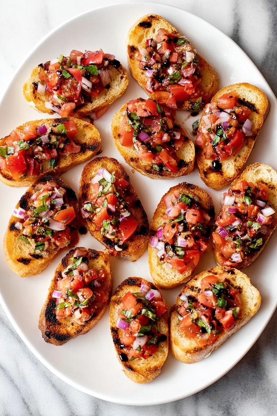 Tomato Bruschetta with Balsamic Glaze, homemade tomato bruschetta, easy Italian appetizer, fresh tomato topping, balsamic glaze recipe - The image shows several slices of toasted bread arranged on a round white plate placed on a white marbled surface. Each slice has a thick base with a light brown, crunchy crust and a soft interior. On top of each slice is a colorful mixture consisting of small pieces of red tomatoes, finely chopped purple onions, green basil leaves, and small bits of white garlic or cheese, all lightly drizzled with dark balsamic glaze. The toppings are evenly spread, sitting prominently above the bread, creating a vibrant and fresh presentation. Photo taken with an iphone --ar 2:3 --v 7