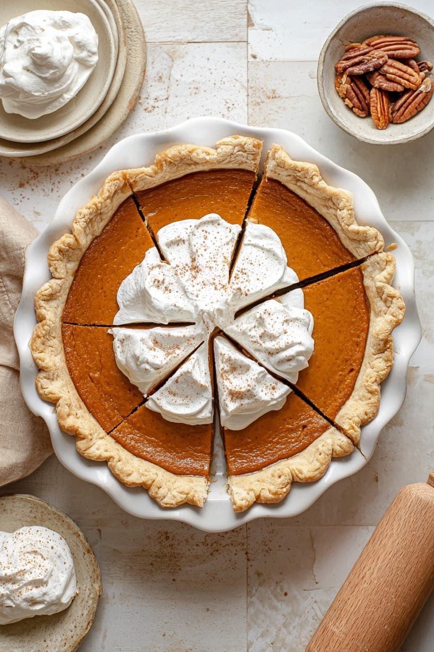 Vegan Pumpkin Pie with Coconut Cream, vegan pumpkin pie, dairy-free pumpkin pie, plant-based pumpkin dessert, gluten-free pumpkin pie - A pumpkin pie in a white scalloped pie dish sits on a white marbled surface, with eight slices clearly cut but still in place. The pie has a golden-brown flaky crust that surrounds a smooth, deep orange pumpkin filling. In the center, a thick layer of white whipped cream is spread over four slices, lightly sprinkled with cinnamon or nutmeg. Around the pie, there is a small bowl of whipped cream, a plate, a pecan bowl, and a rolling pin, all on the white marbled surface. photo taken with an iphone --ar 2:3 --v 7
