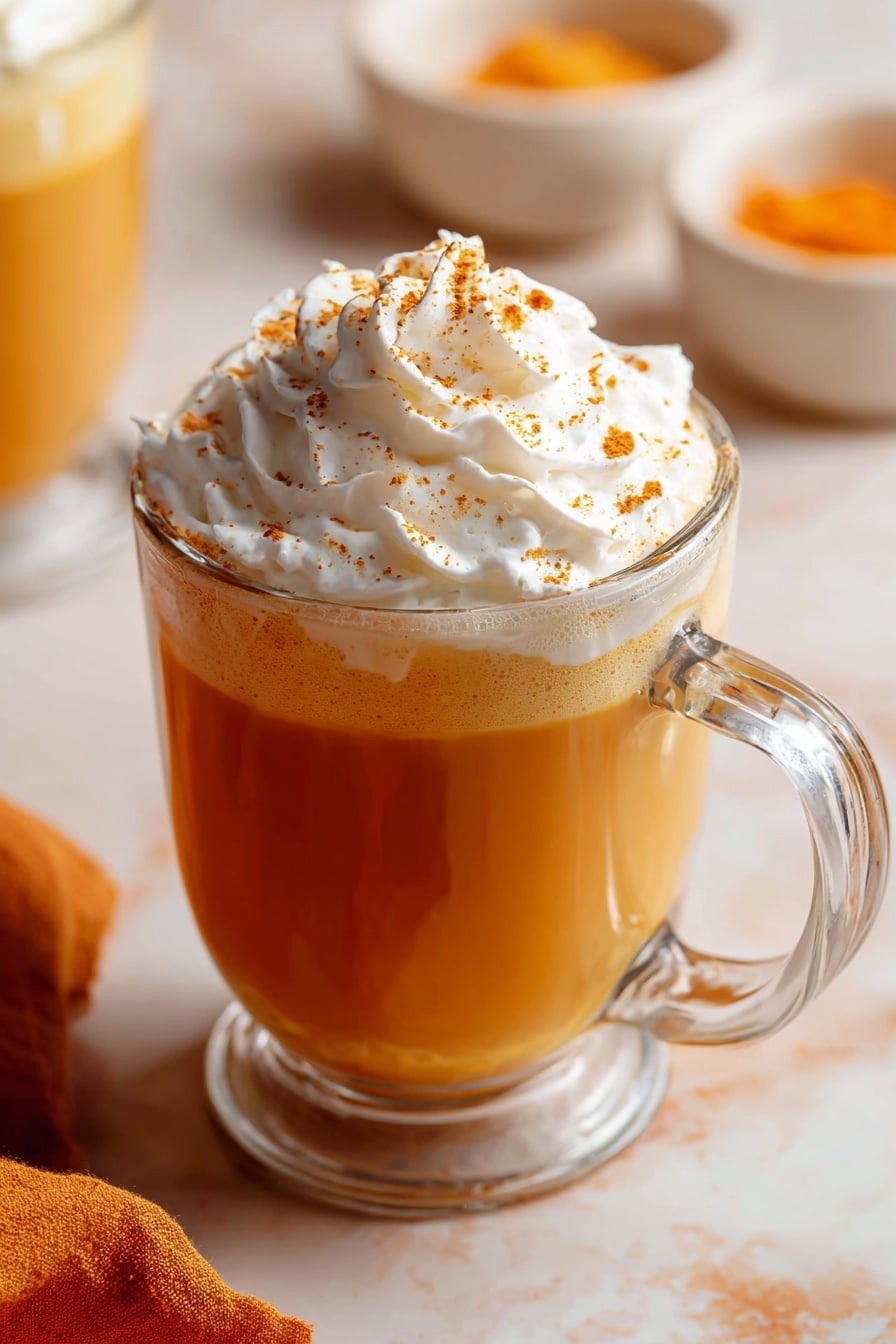Vegan Pumpkin Spice Latte, dairy-free pumpkin spice latte, plant-based pumpkin coffee, homemade pumpkin latte, healthy vegan coffee drinks - A clear glass cup filled with two layers: a thick orange-colored frothy liquid at the bottom and a tall, white swirled whipped cream layer on top sprinkled lightly with orange spice powder. The cup has a clear handle and sits on a surface with a white marbled texture. An orange cloth is partly visible in the bottom left corner, and blurred small white bowls with orange contents appear in the background. photo taken with an iphone --ar 2:3 --v 7