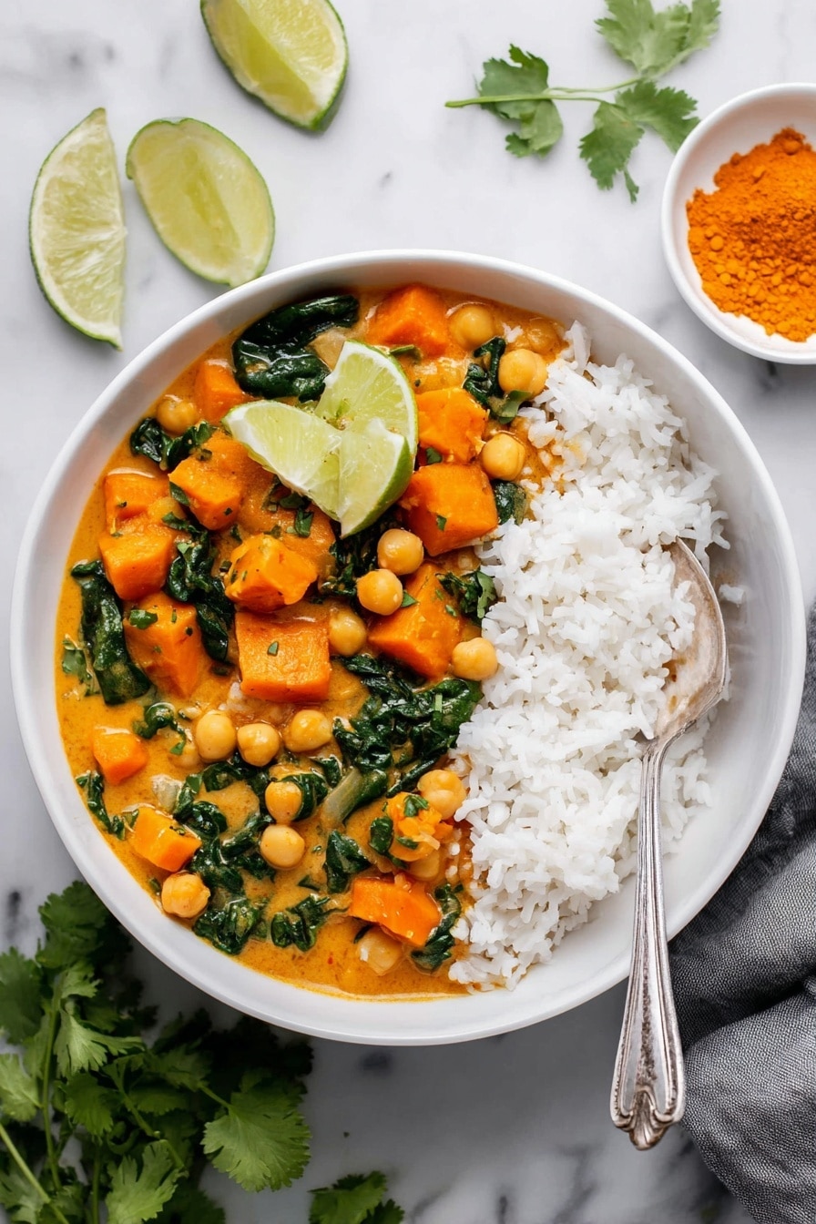 Sweet Potato Curry with Chickpeas, vegan sweet potato curry, healthy chickpea curry, easy vegetarian curry, comforting plant-based meal - The image shows a white bowl with two main layers: on the right side, there is a layer of plain white rice with a shiny silver spoon resting on it; on the left side, an orange curry with chickpeas, soft cubed pieces of orange sweet potato, and dark green spinach leaves mixed in. Two green lime wedges are placed on top of the rice next to the curry. The bowl is on a white marbled surface with a small white dish of orange powder and two lime wedges in the background. Some fresh green cilantro leaves are placed near the bowl. photo taken with an iphone --ar 2:3 --v 7